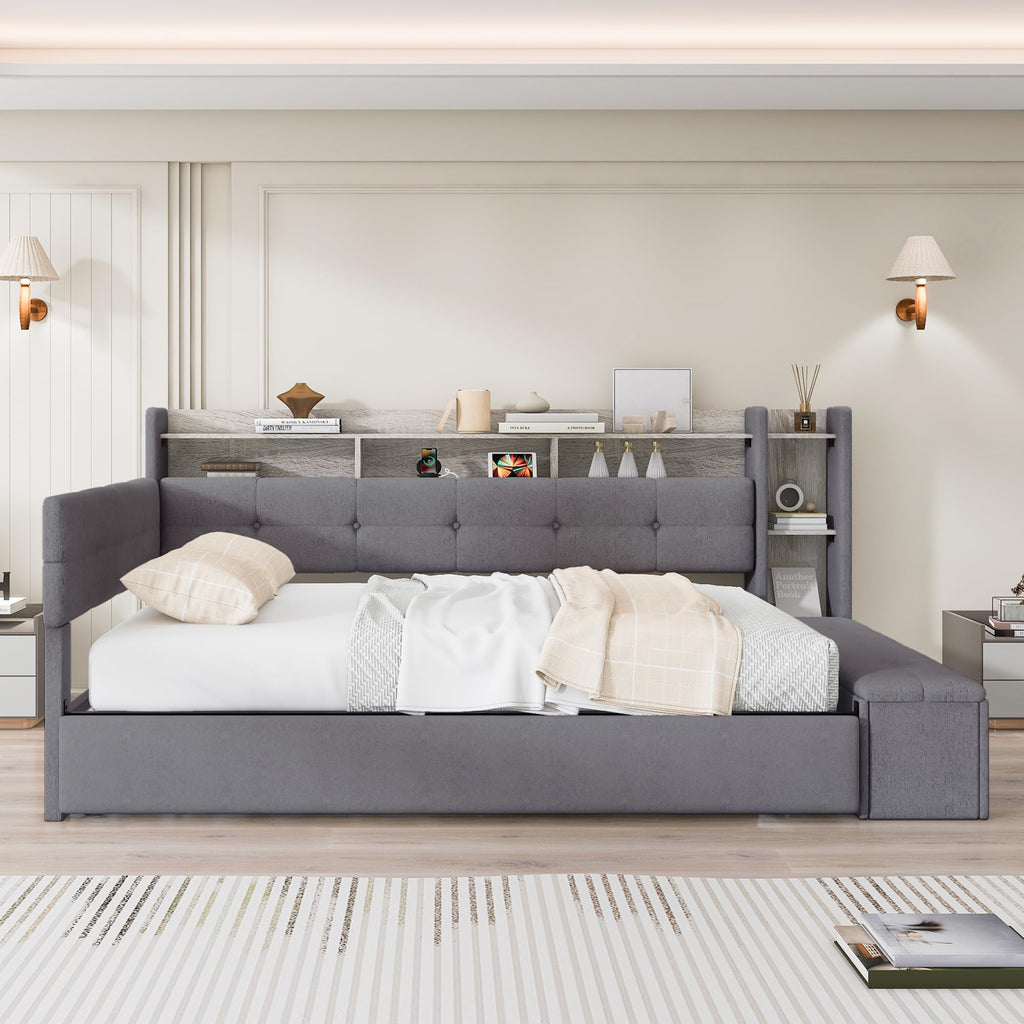 Merax Full Size Upholstered Daybed with Trundle and Storage Drawer, Headboard with Light, Shelves, USB Charging Station, Multi-Functional Bed for Guest Room, Living Room, No Box Spring Needed, Gray
