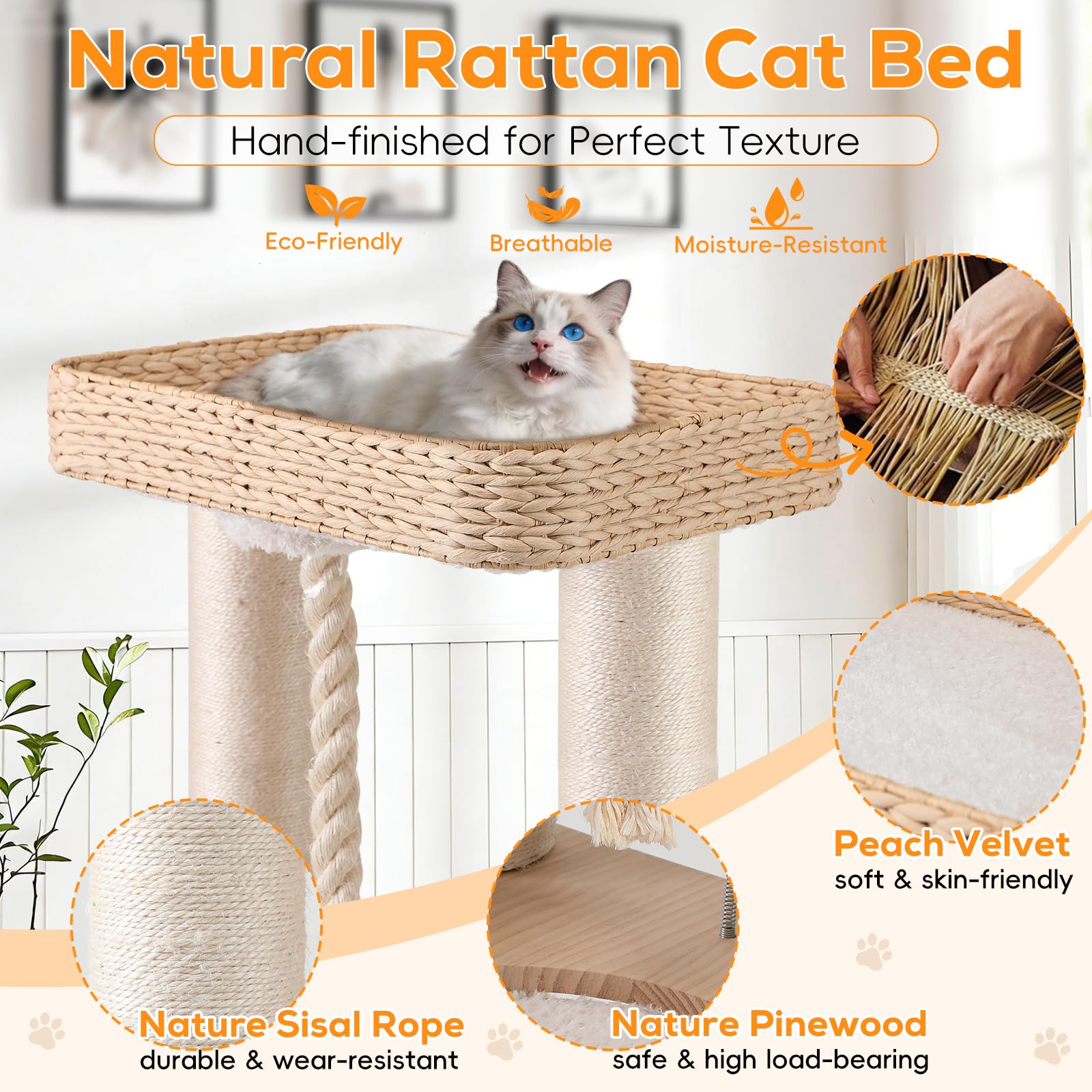 EMUST Luxury Modern Cat Tree Tower 50IN - Heavy-Duty Multi-Level Cat Condo with Extra-Large Hand-Woven Rattan Bed & Thickened Scratching Post for Indoor Cats Large Adult