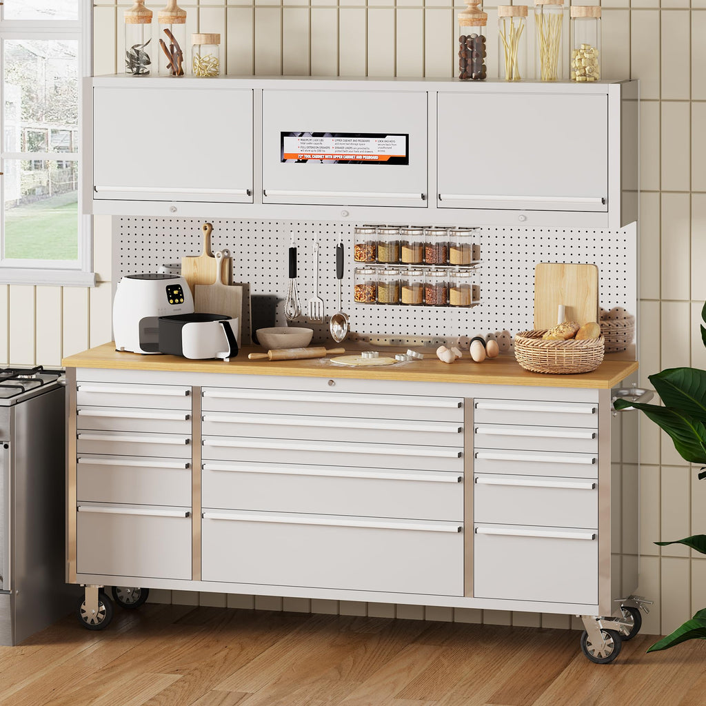 EliteEdge 72" Heavy-Duty Rolling Tool Chest & Workbench | 15-Drawer Mobile Tool Cabinet with 3 Top Lockers, Lockable Wheels & Key Lock | for Professional Garage & Workshop Storage