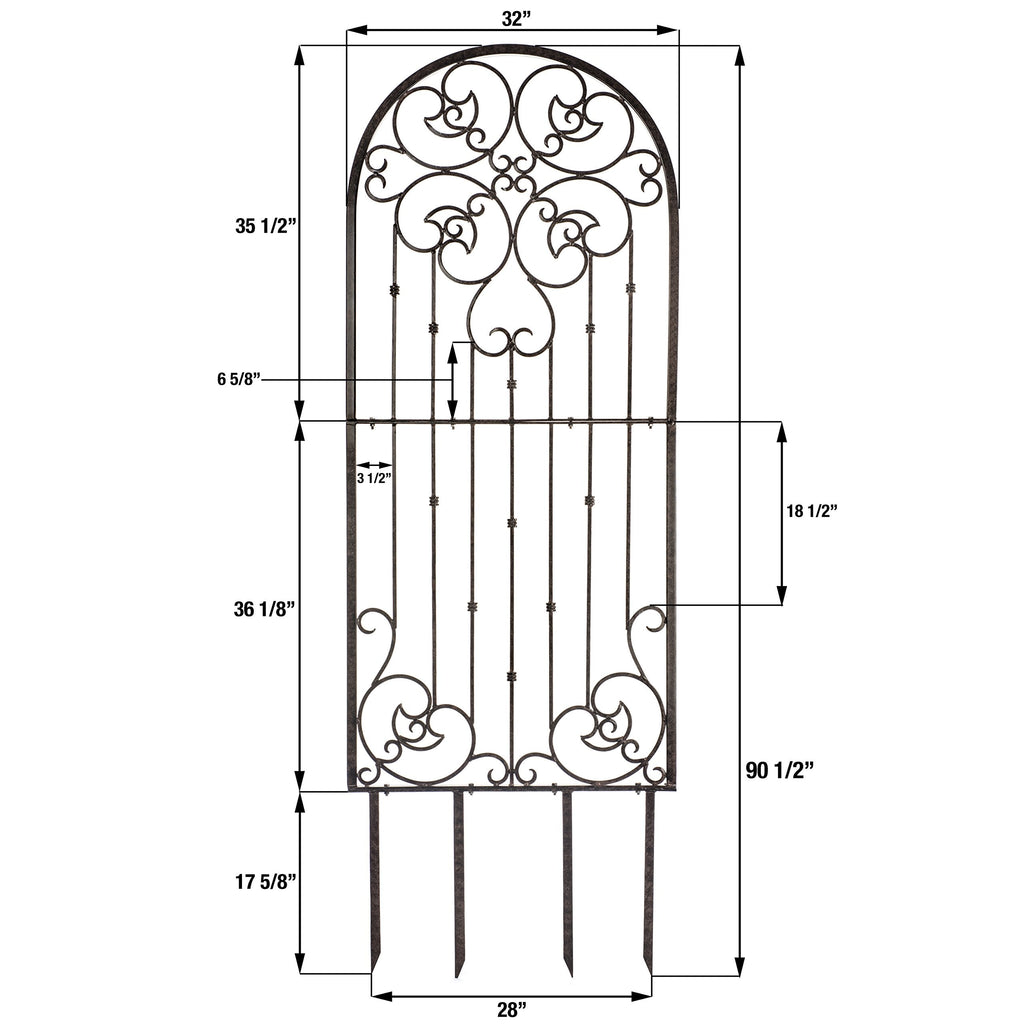 H Potter 72” Heavy Duty Garden Trellis – 60 lb Solid Iron Scrollwork Panel, 1” Metal Frame with Ground & Stabilizing Stakes (Charcoal Brown)