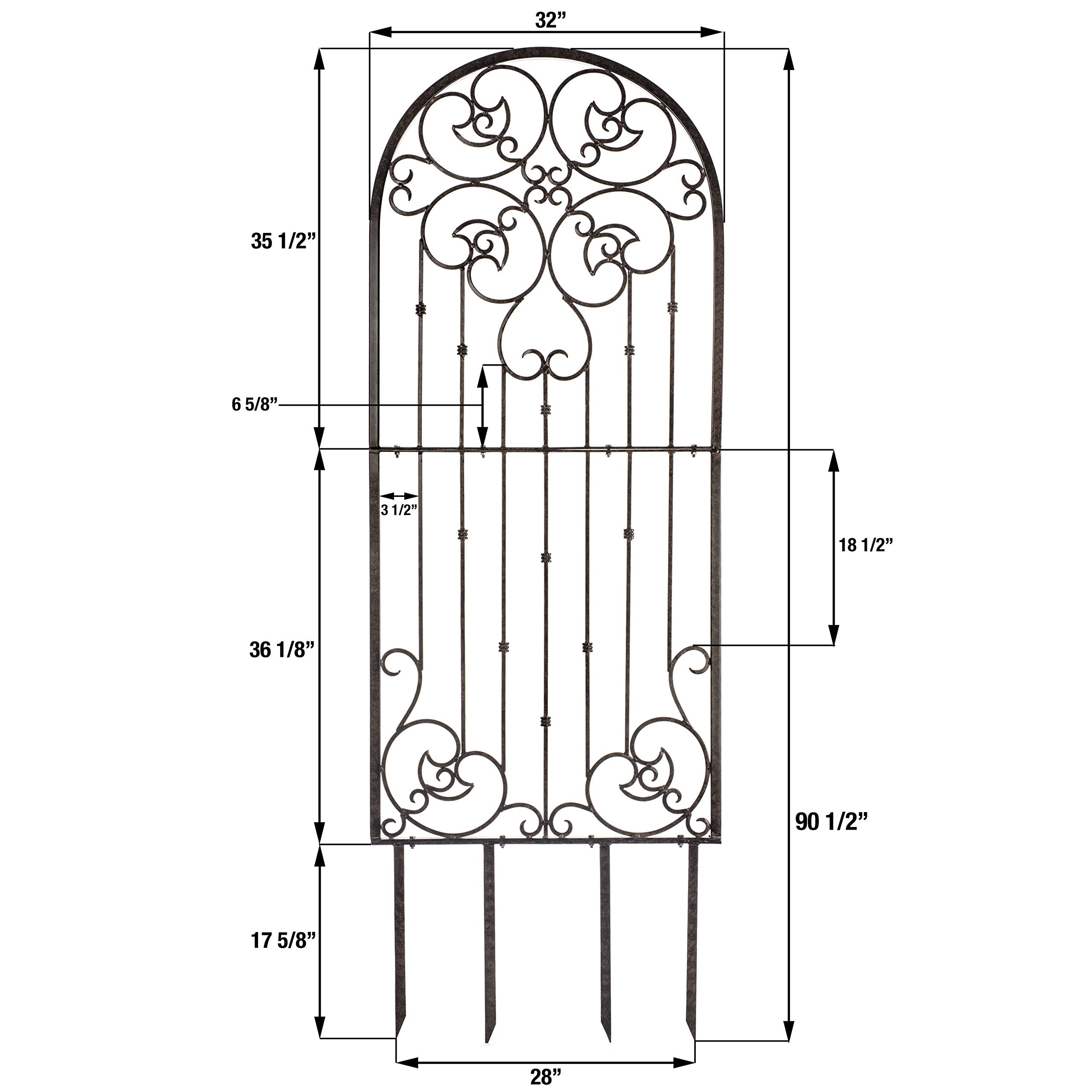 H Potter 72” Heavy Duty Garden Trellis – 60 lb Solid Iron Scrollwork Panel, 1” Metal Frame with Ground & Stabilizing Stakes (Charcoal Brown)