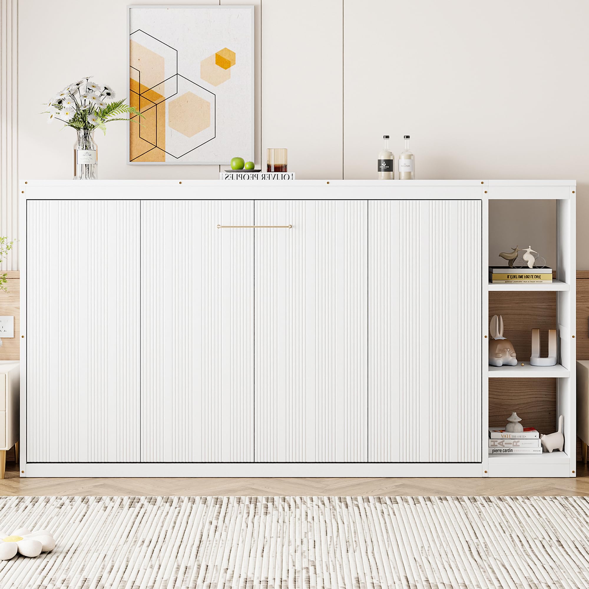 GDFStudio Boden Twin Size Murphy Bed, 4 Storage Shelves, Ample Storage Space, Organized as Cabinet, Saving Space Design, Twin Size Murphy Bed with Bookshelf, Perfect for Small Apartment, White