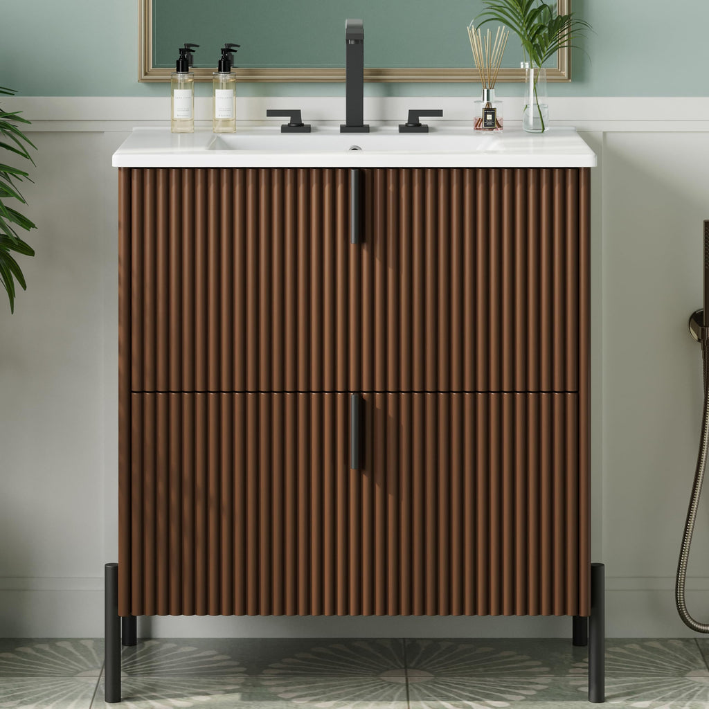 Merax 30" Freestanding Bathroom Vanity with Ceramic Sink, Equipped with Vertical Pulls, Full-Extension Drawers, Soft Close Drawer Slides, Fluted Design, Brown