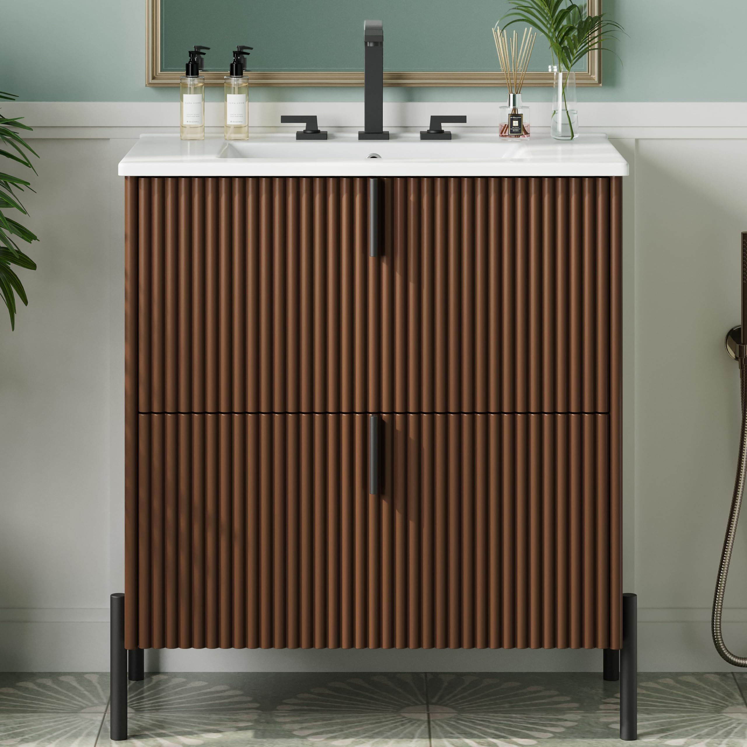 Merax 30" Freestanding Bathroom Vanity with Ceramic Sink, Equipped with Vertical Pulls, Full-Extension Drawers, Soft Close Drawer Slides, Fluted Design, Brown