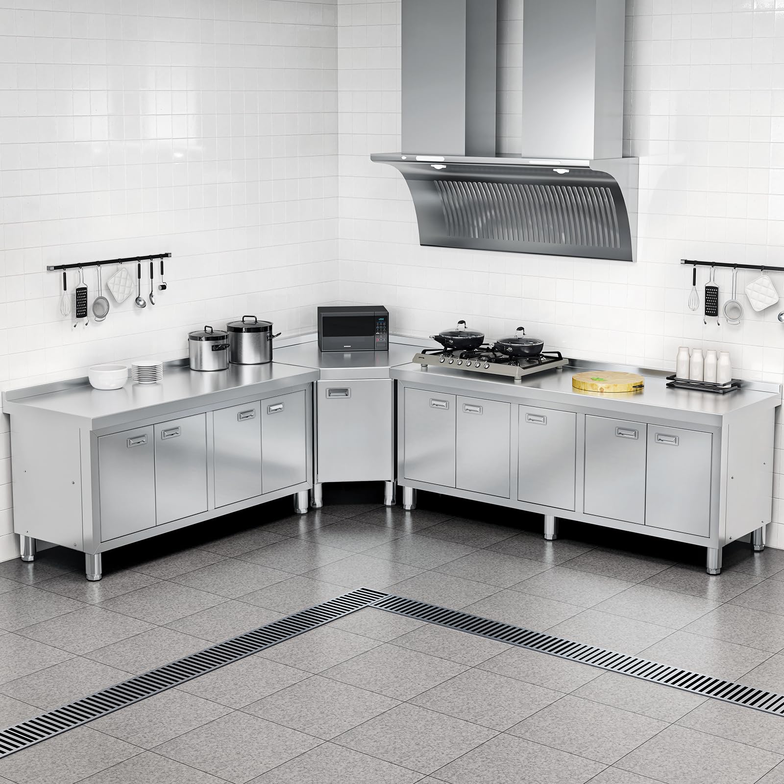 WWK 59" x 21" Stainless Steel Prep Table with Cabinet, Commercial Kitchen Table for Prep & Work, Heavy Duty Work Table with 4 Doors for Kitchen, Restaurant, Hotel, Garage and Cafe