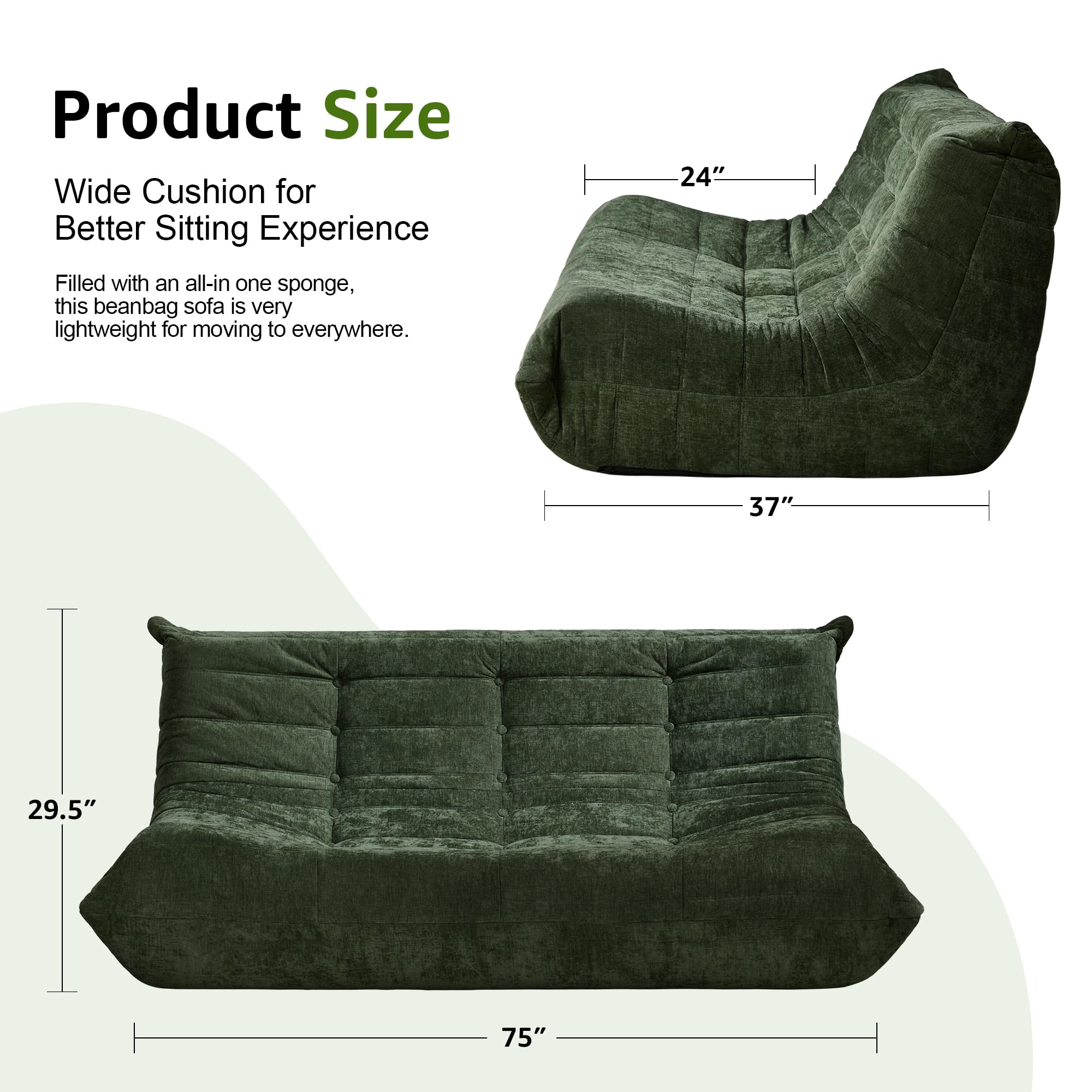 Bean Bag Chairs for Adults Giant Bean Bag Chair Memory Foam BeanBag Chair Bean Bag Sofa with Filler Faux Fur Fireside Beanbags Lazy Sofa for Living Room Bedroom Office (Green Chenille, 3-Seater)