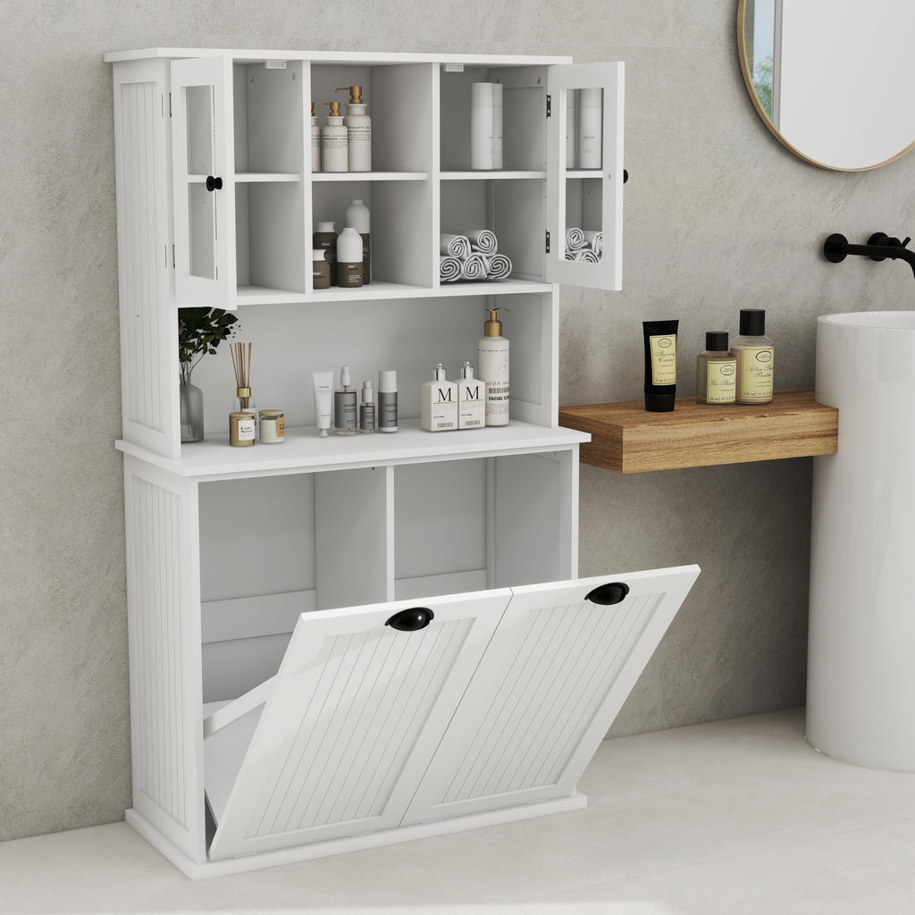 Knocbel Tilt-Out Laundry Sorter with 2 Removable Bags and Adjustable Shelves, Tall Bathroom Floor Cabinet Laundry Hamper (White 59")