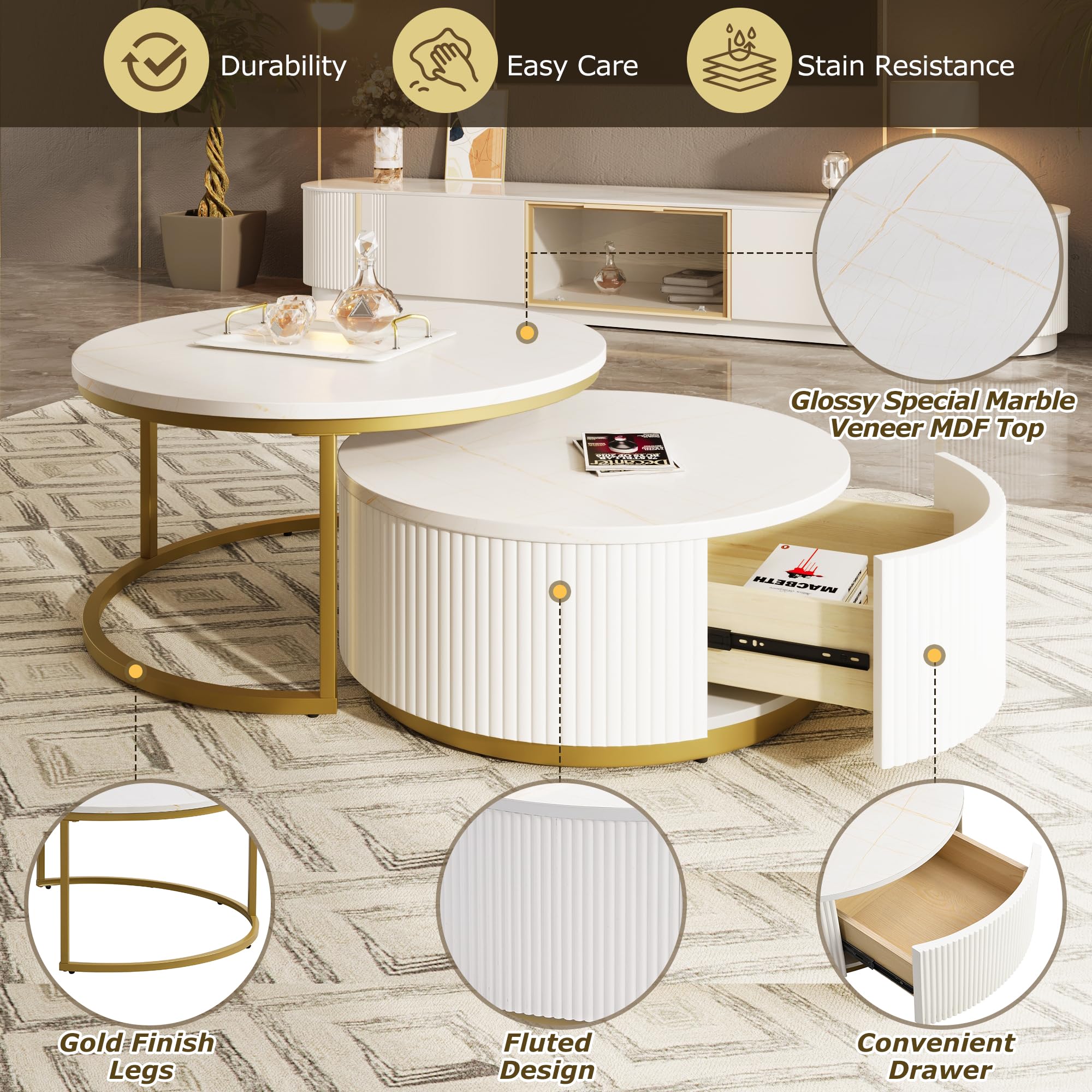 Merax Round Nesting Coffee Table Set of 2 with Storage Drawer and Marbling Tabletop, Perfect for Living Room Apartment, White