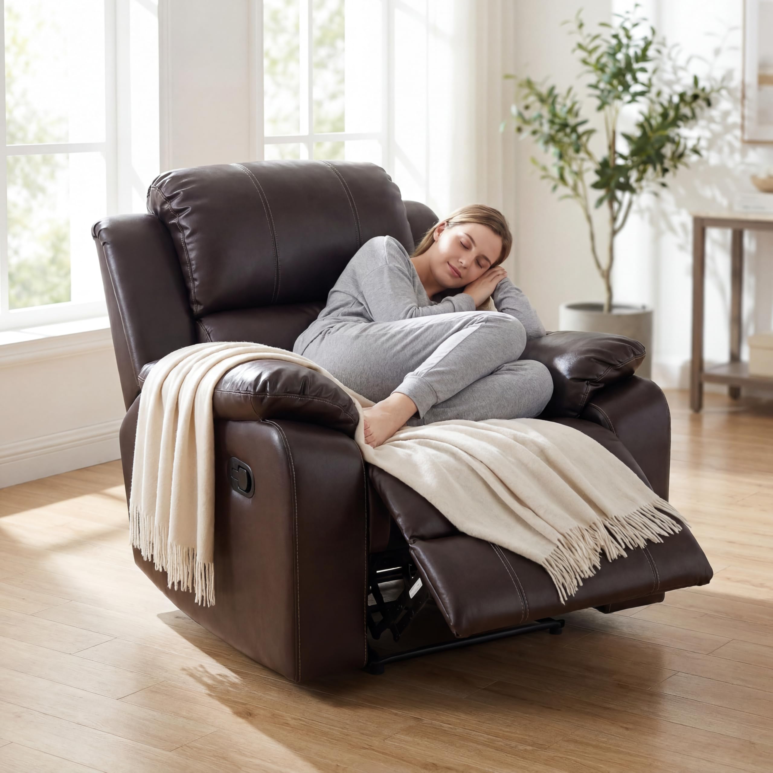 Trygoal Single Leather Manual Recliner Chair, Oversized Lazy Boy Recliner with Home Theater Seating, Breathable Living Room Reclining Chair for Adults Reading, Gaming, Relax, Brown