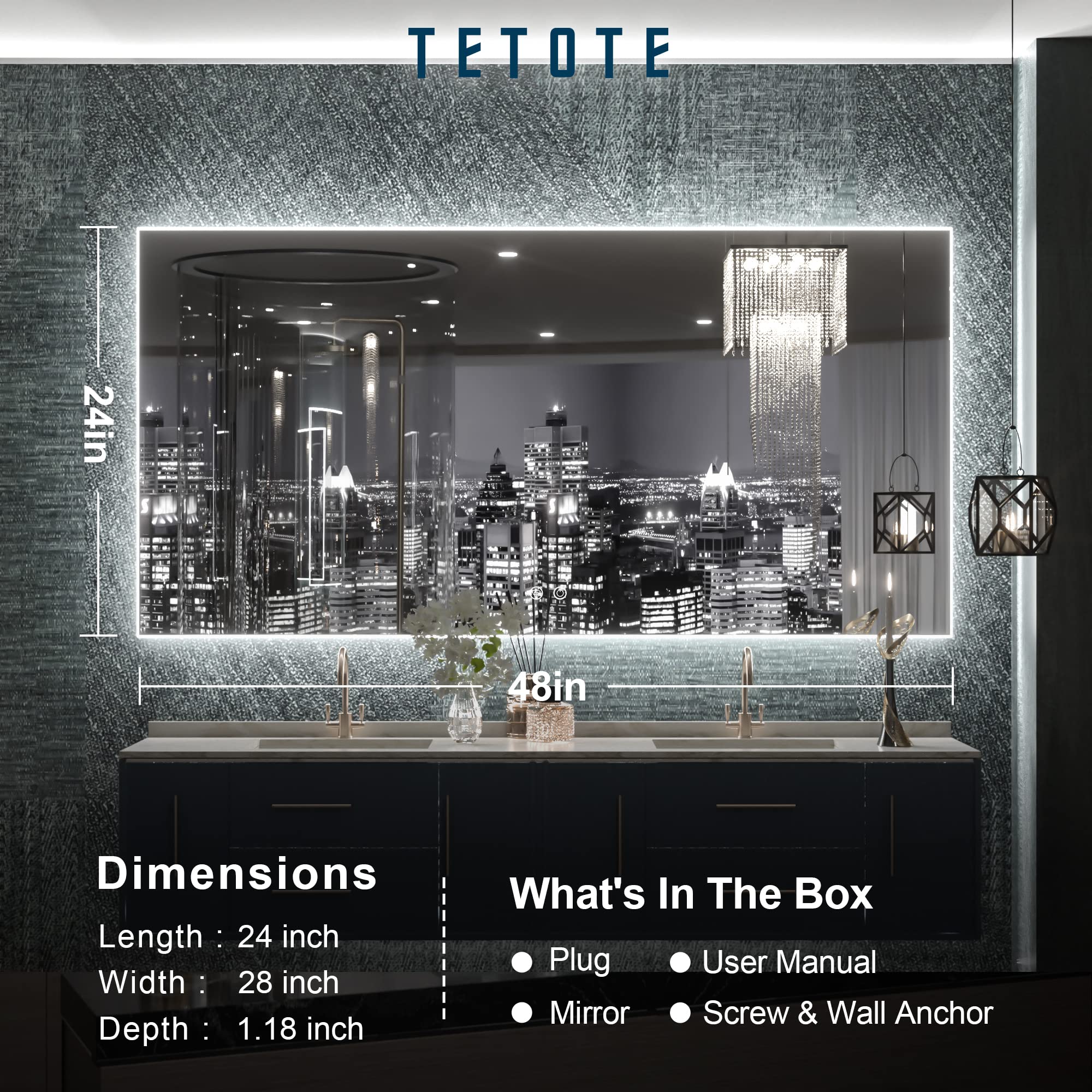 TETOTE 48 x 24 Inch LED Backlit Mirror Bathroom with Light,Anti-Fog,Dimmable,CRI90+,Makeup Vanity Mirror,Lighted Mirror(Horizontal/Vertical)