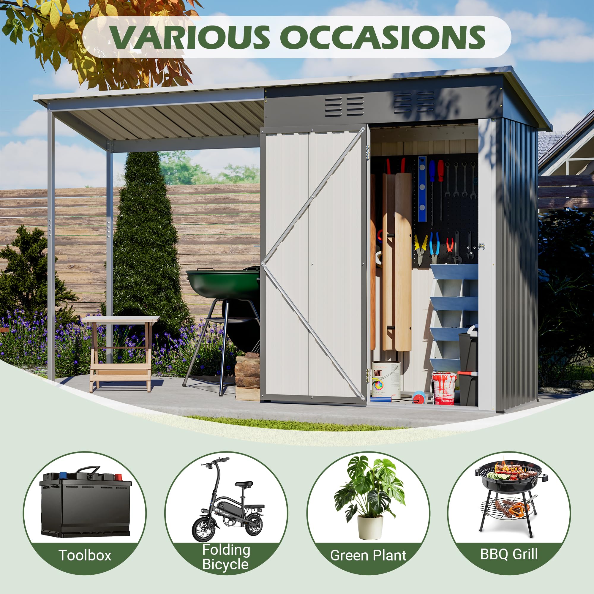 KEIKI Storage Shed 5x3 FT, Small Metal Tool Shed with Gazebo for Outdoor Storage, Galvanized Steel Garden Shed with Lockable Doors for Patio, Backyard, Lawn, Grey