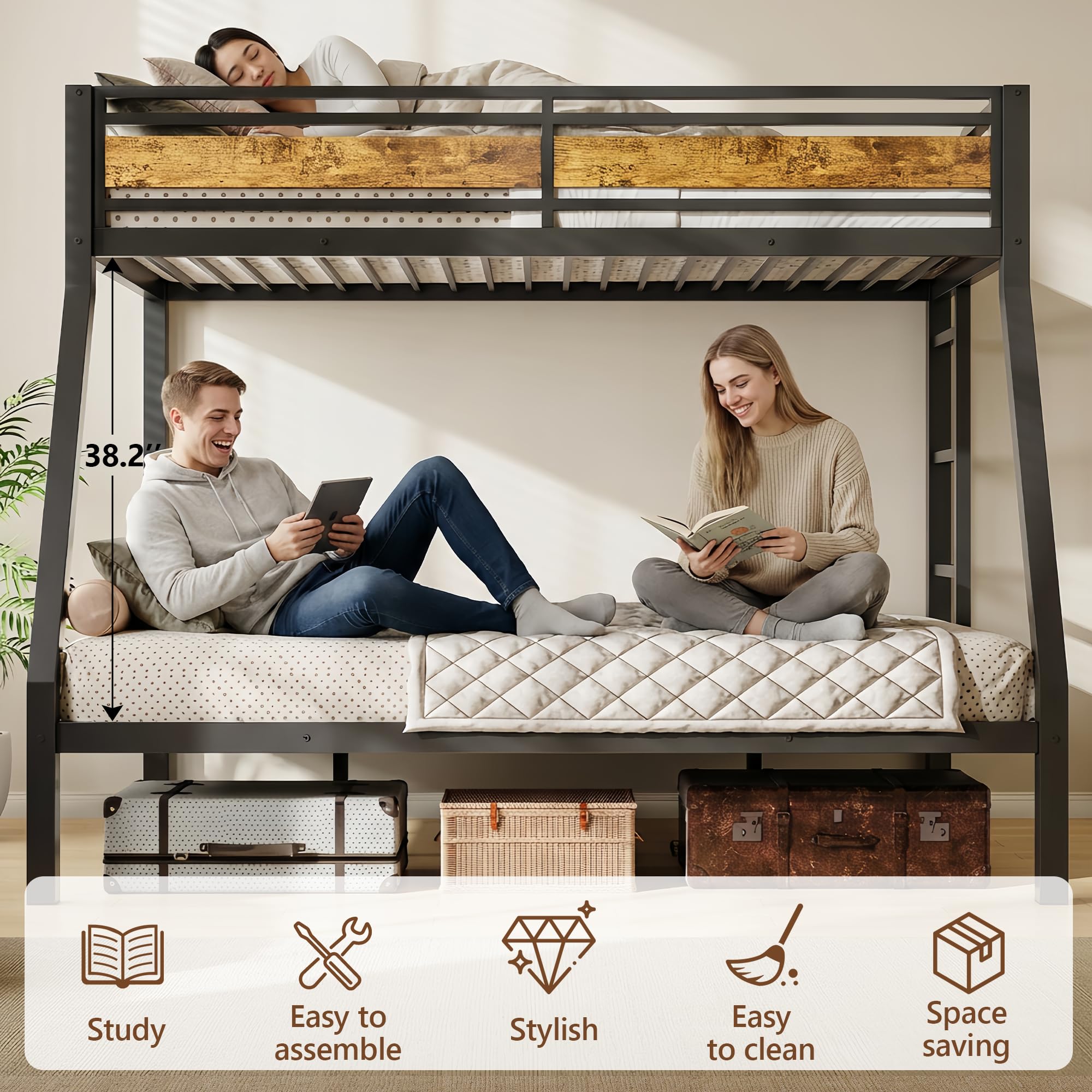 Feonase Bunk Beds Twin Over Full Size, Heavy Duty Metal Bunk Beds with Safety Guardrail & Ladders, Steel Loft Bed Frame for Teens and Adults, Apartment or Dorm, Noise Free & Easy Assembly, Retro