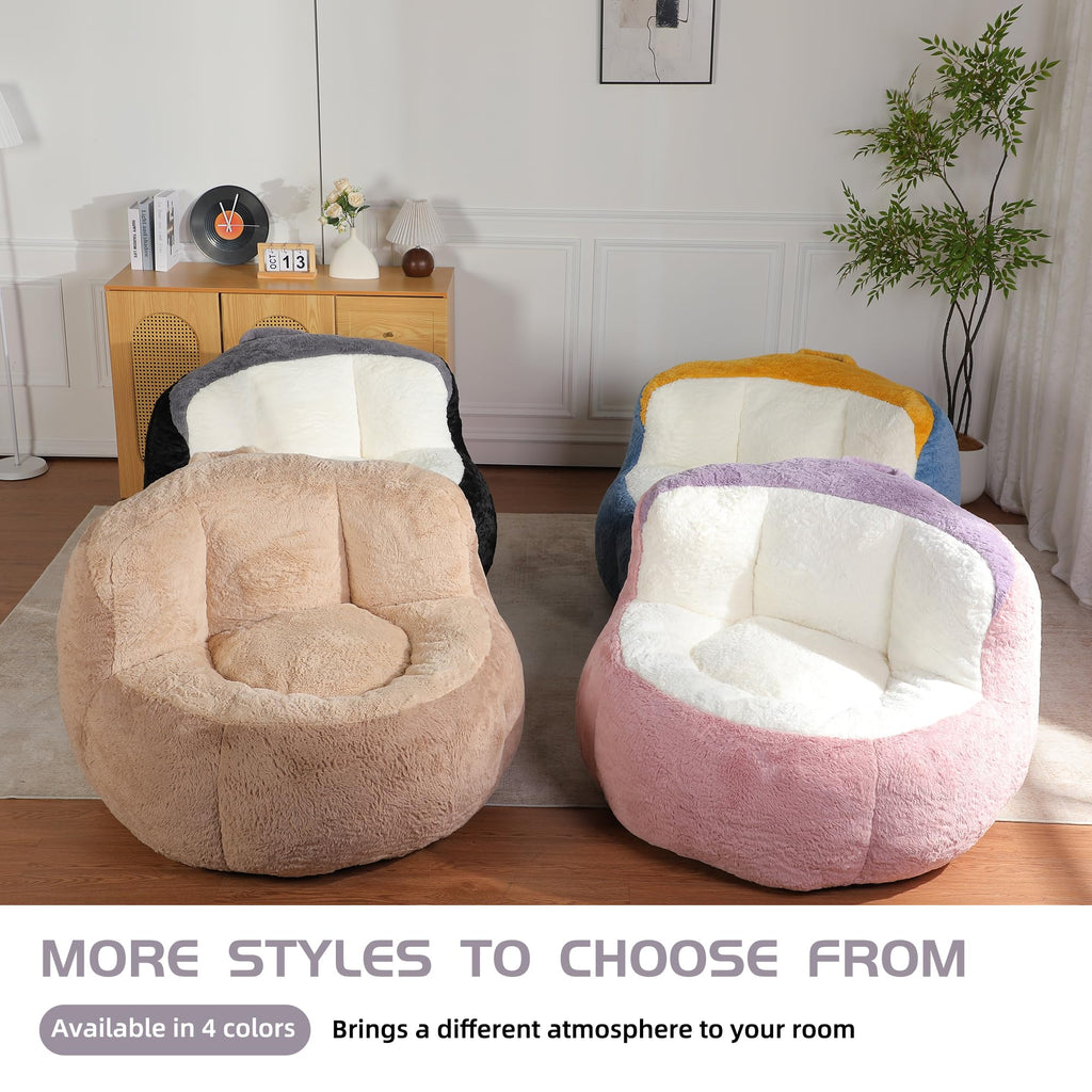 Oversized Bean Bag Chairs,Multicolor Faux Fur Couch Filled with Shredded Sponge,Large Lounger Sofa for Living Room,No Assembly Required, Black+White+Grey