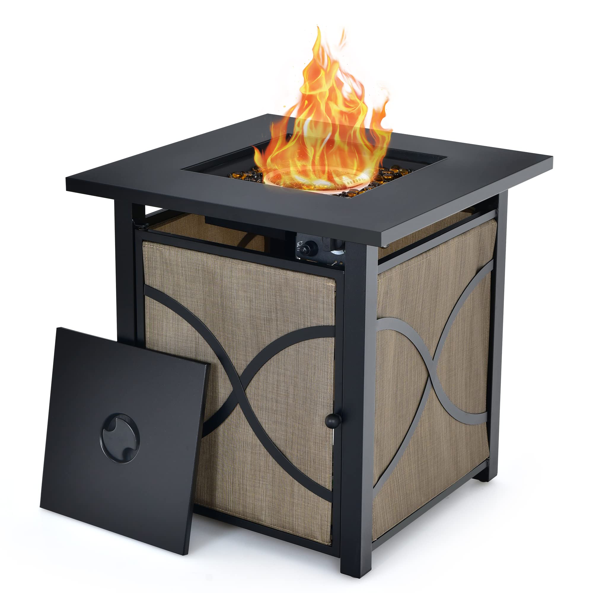 COOURIGHT Propane Fire Pit Table, 25" 40000 BTU Wicker-Look Square Fire Pits w/Lid, Fire Glass, Auto Ignition, Adjustable Flame, CSA Approved, Outdoor Steel Fire Table for Patio, Garden, Backyard
