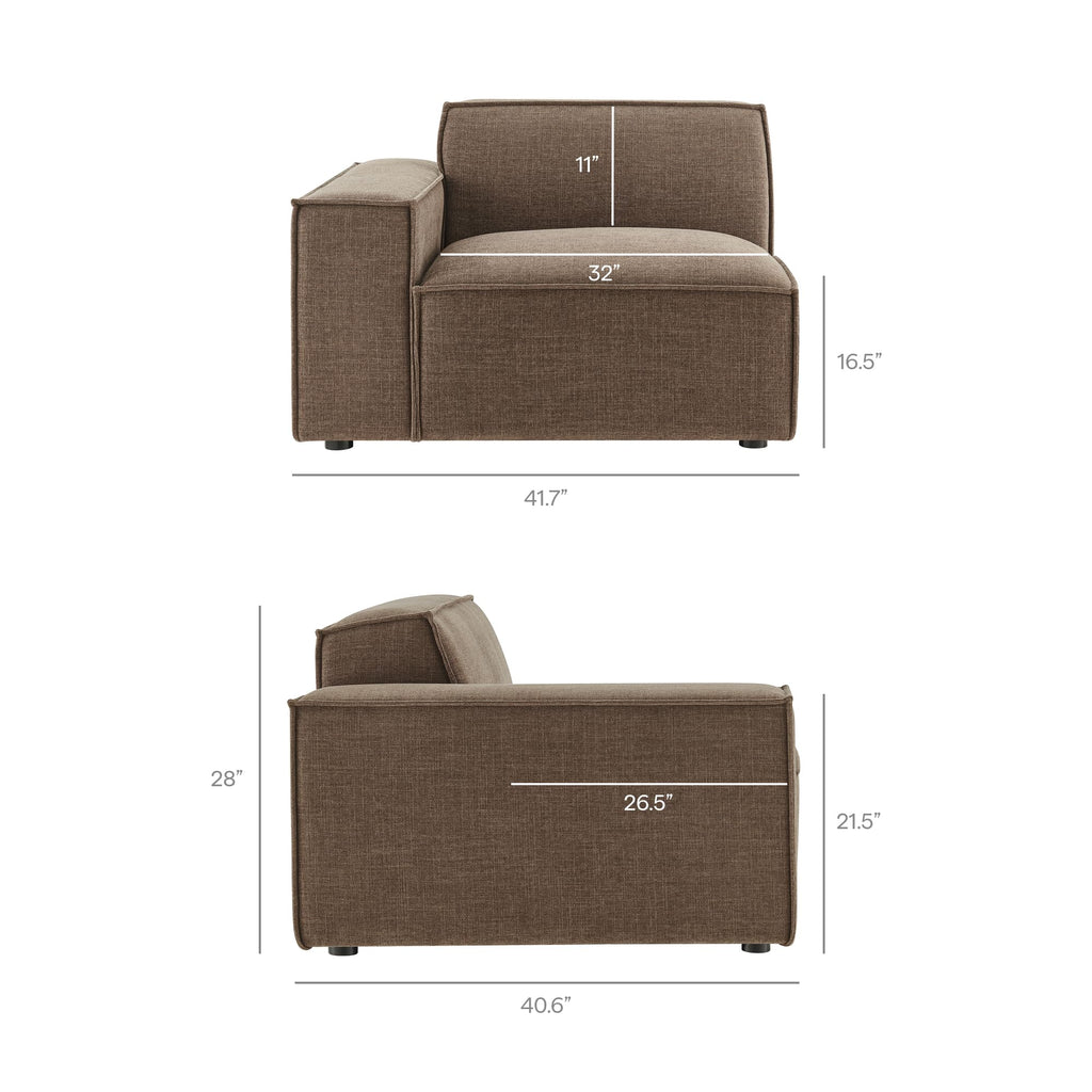 Modway Restore Left-Facing Modular Lounge Chair in Mocha - Living Room Fabric Upholstered Single-Arm Accent Armchair for Sectional Sofa with Coil Seat Support and French Piping
