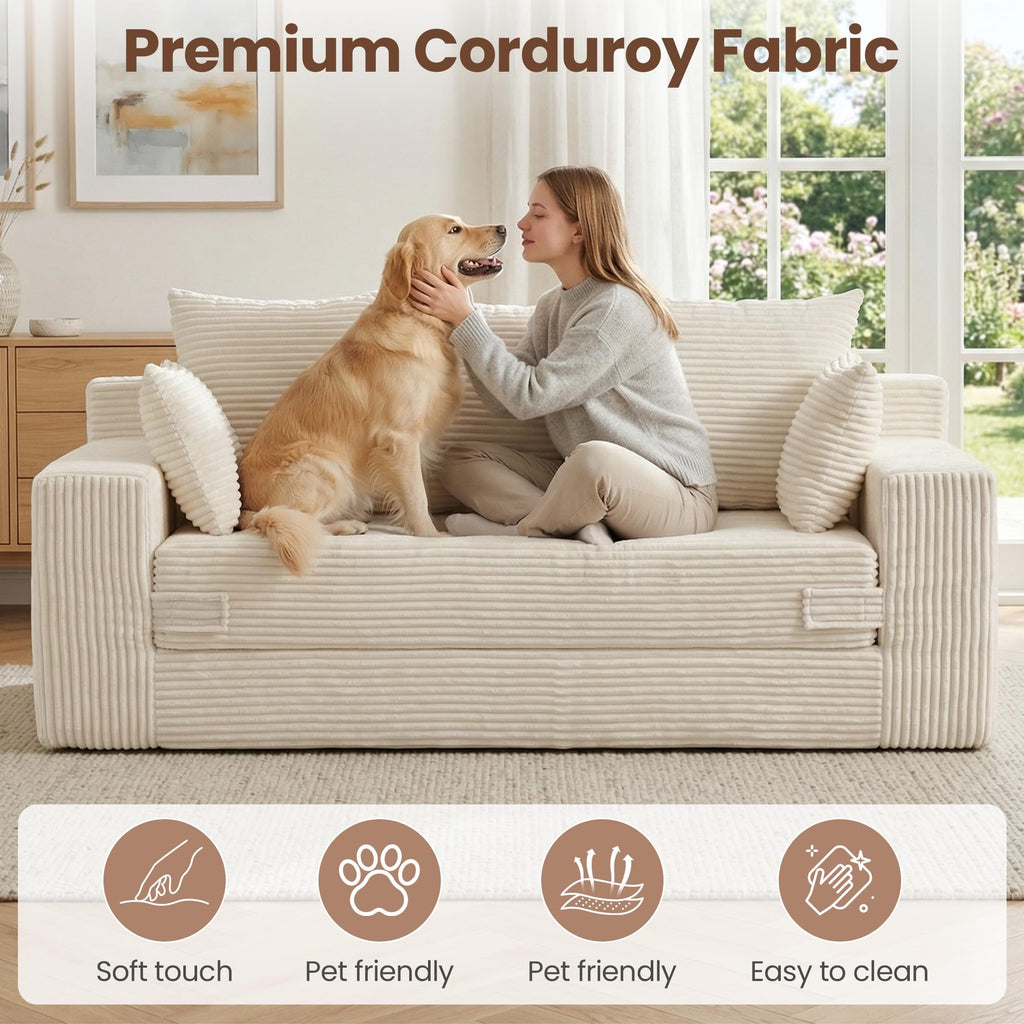 JUIKURY Boneless Couches 70 inch: 3-in-1 Convertible Sofa Bed Futon Couch Bed, Oversized Loveseat Sleeper Sofa with 5 Pillows, Beige Couch for Living Room, Bedroom & Small Space