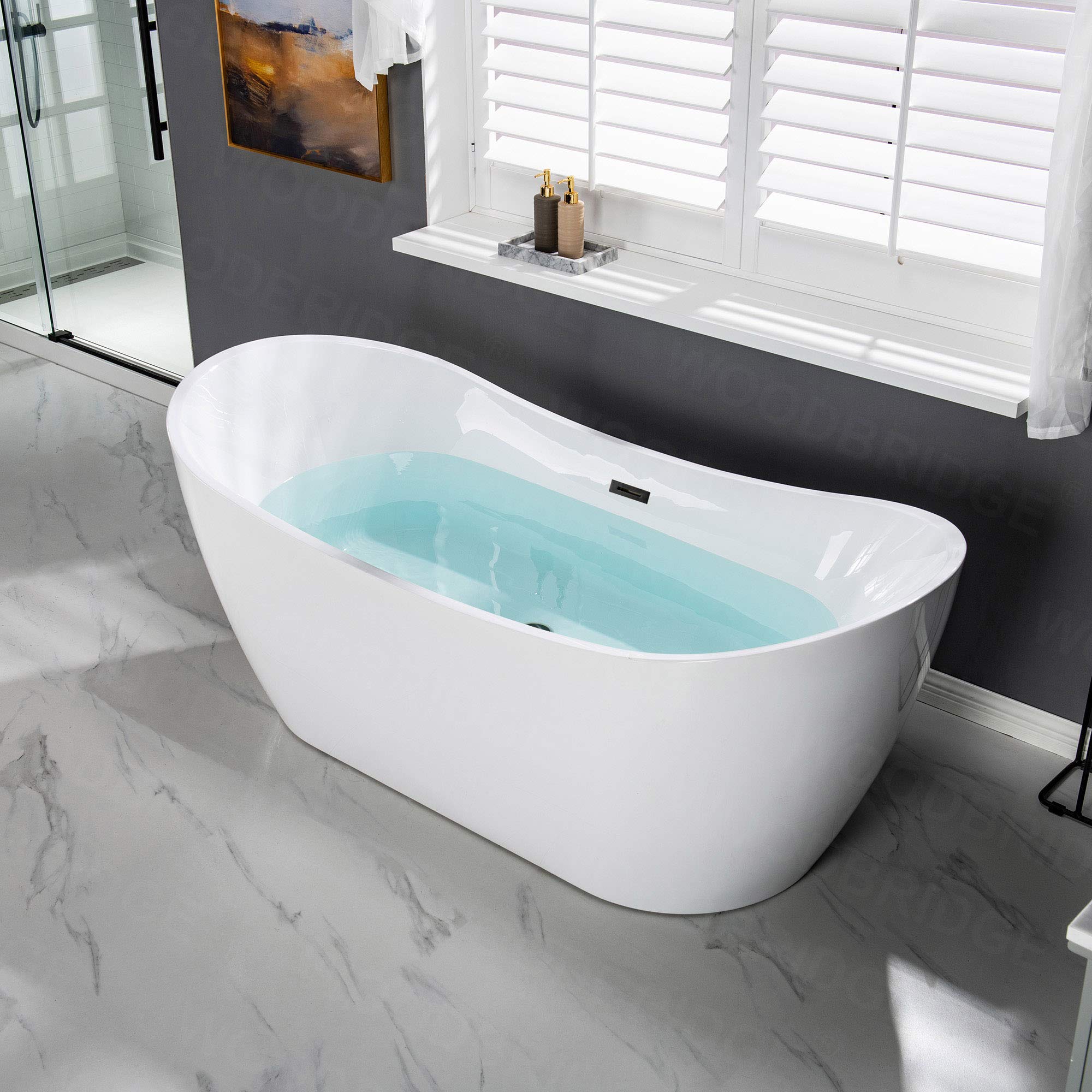 WOODBRIDGE 71" Acrylic Freestanding Bathtub Contemporary Soaking Tub , White Acrylic ( Matte Black Drain/Overflow),B0017 MB Drain &O