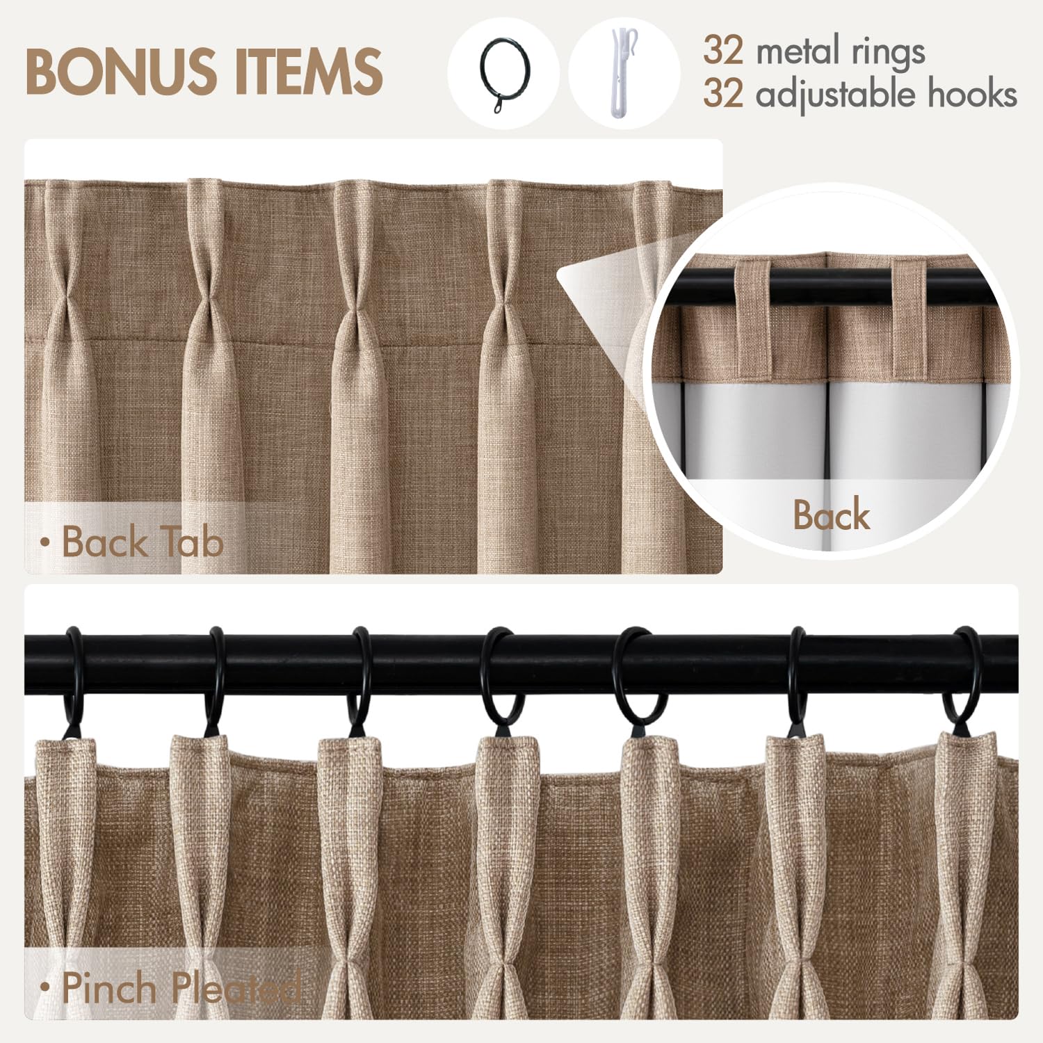 MIULEE Pinch Pleated 100% Blackout Curtains 108 Inch Long 4 Panel Set for Bedroom Thick Linen Memory Trained Pleat Living Room Darkening Back Tab Double Layer Thermal Insulated Drapes, Linen