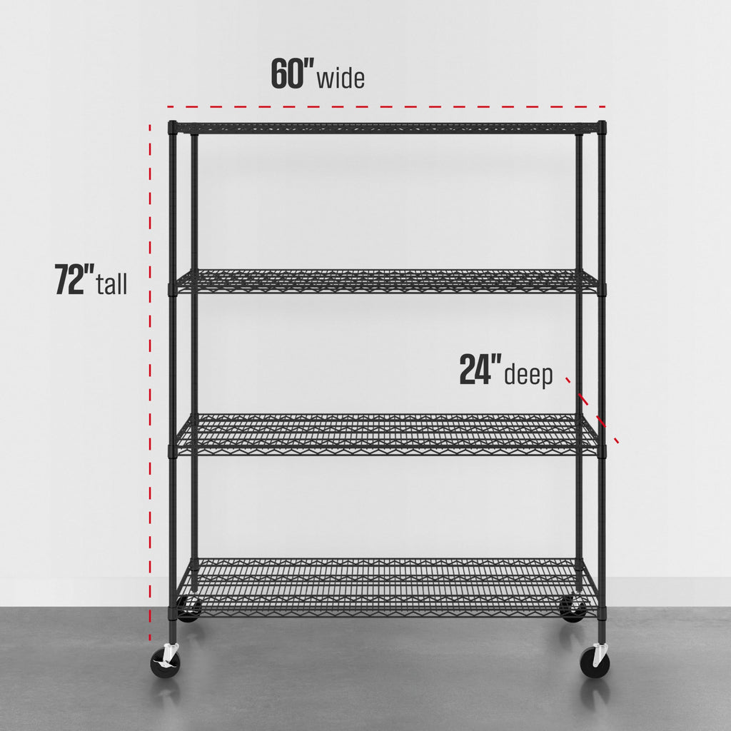 SafeRacks - NSF Certified Storage Shelves, Zinc, Heavy Duty Steel Wire Unit with Wheels and Adjustable Feet, Garage or Bakers Rack, Kitchen, Pantry Shelf - (24"x60"x72" 4-Tier) (Black)