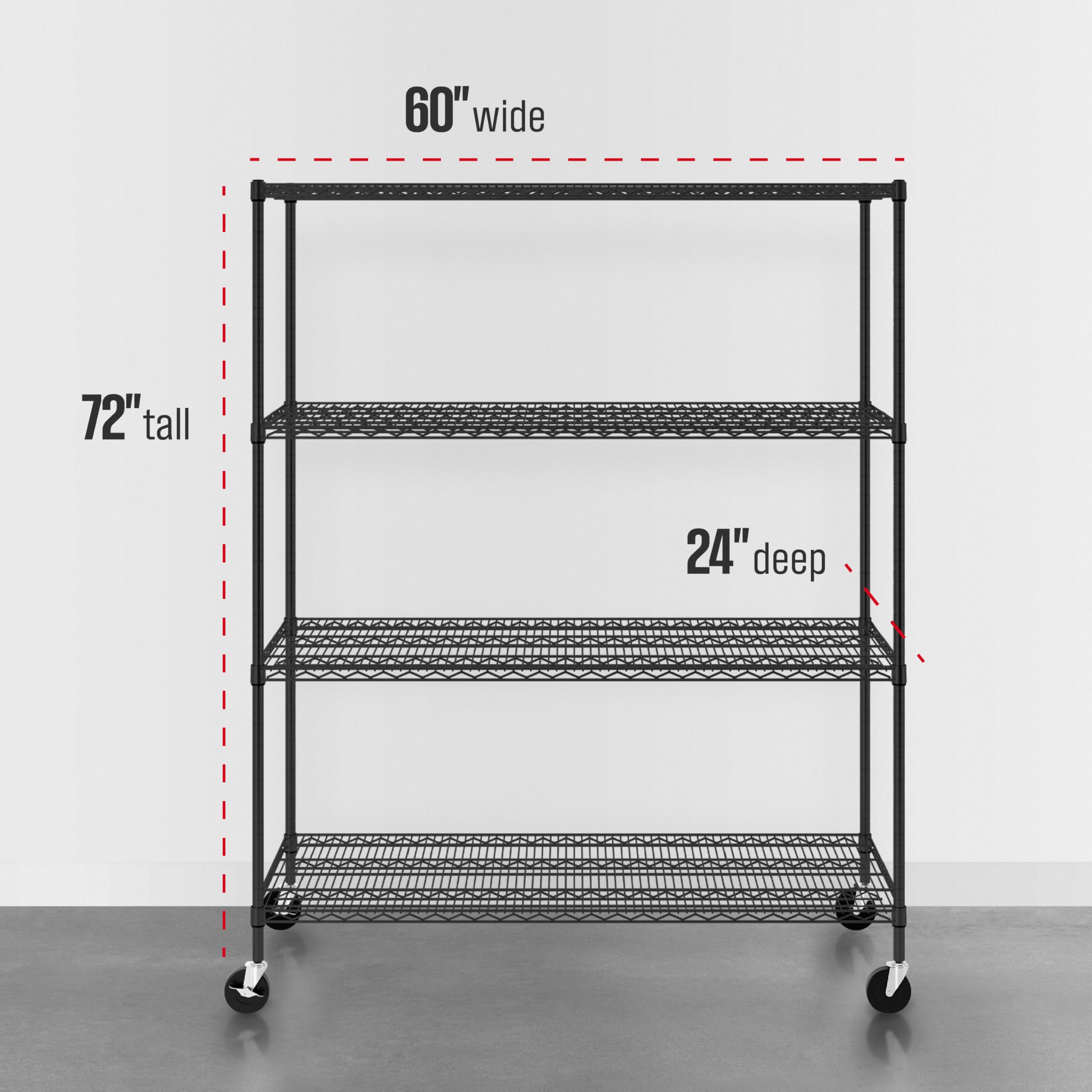 SafeRacks - NSF Certified Storage Shelves, Zinc, Heavy Duty Steel Wire Unit with Wheels and Adjustable Feet, Garage or Bakers Rack, Kitchen, Pantry Shelf - (24"x60"x72" 4-Tier) (Black)
