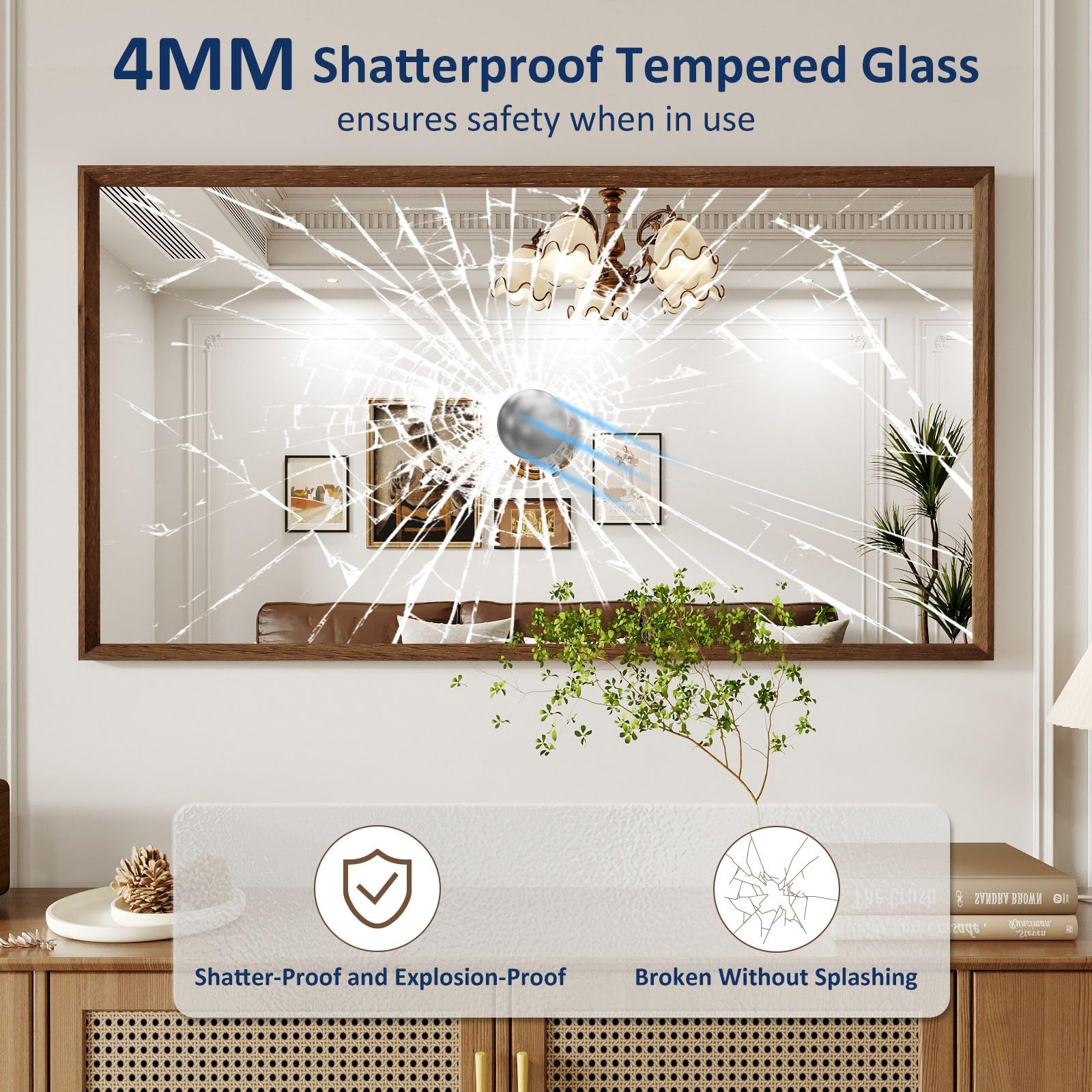 WEER Walnut Framed Mirror for Bathroom, 55x30 Inch Wall Mounted Mirror, Wood Grain Framed Vanity Mirror, Farmhouse Bathroom Mirror, Tempered Glass, Vertically or Horizontally, Anti-Rust