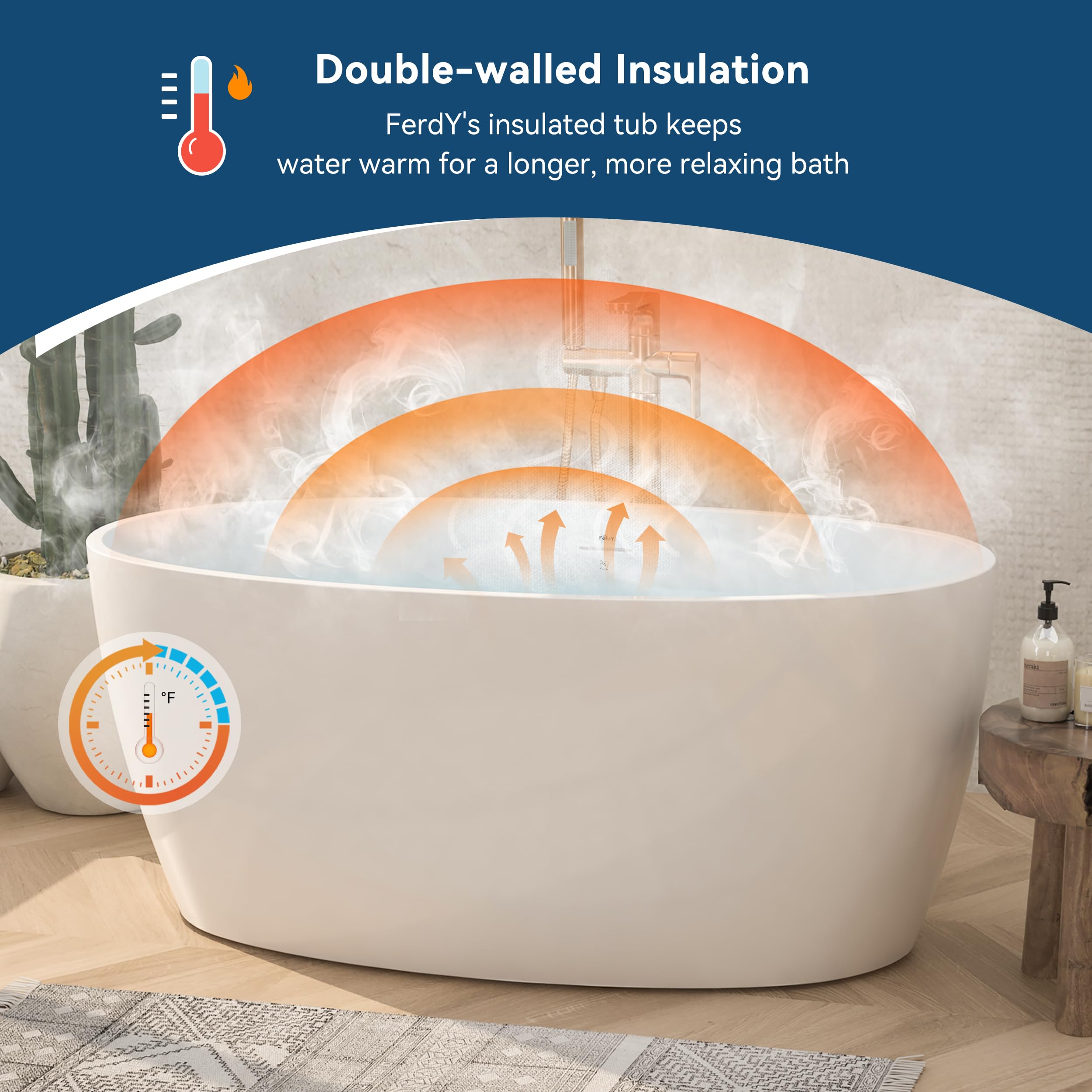 FerdY Tahiti 55" Acrylic Freestanding Bathtub, Elegant Oval Shape Soaking Bathtub, Glossy White, Brushed Nickel Drain & Integrated Slotted Overflow Assembly Included cUPC Certified