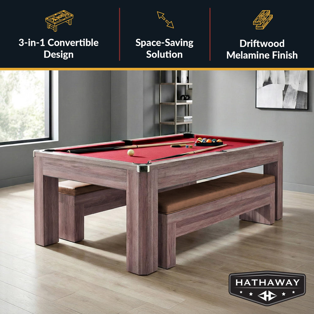 Hathaway Newport 7 Foot Dining Pool Table Combo with Game Accessories, & 2 Benches – Multifunctional Billiards Table with Ping Pong & Dining Top – Light Oak Finish, Chrome Accents, Red Felt