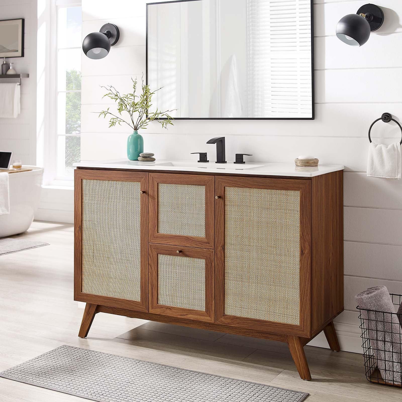 Modway Soma Rattan Weave Bathroom Vanity Cabinet Basin Not Included, 48” Single or Double Sink Compatible, Walnut