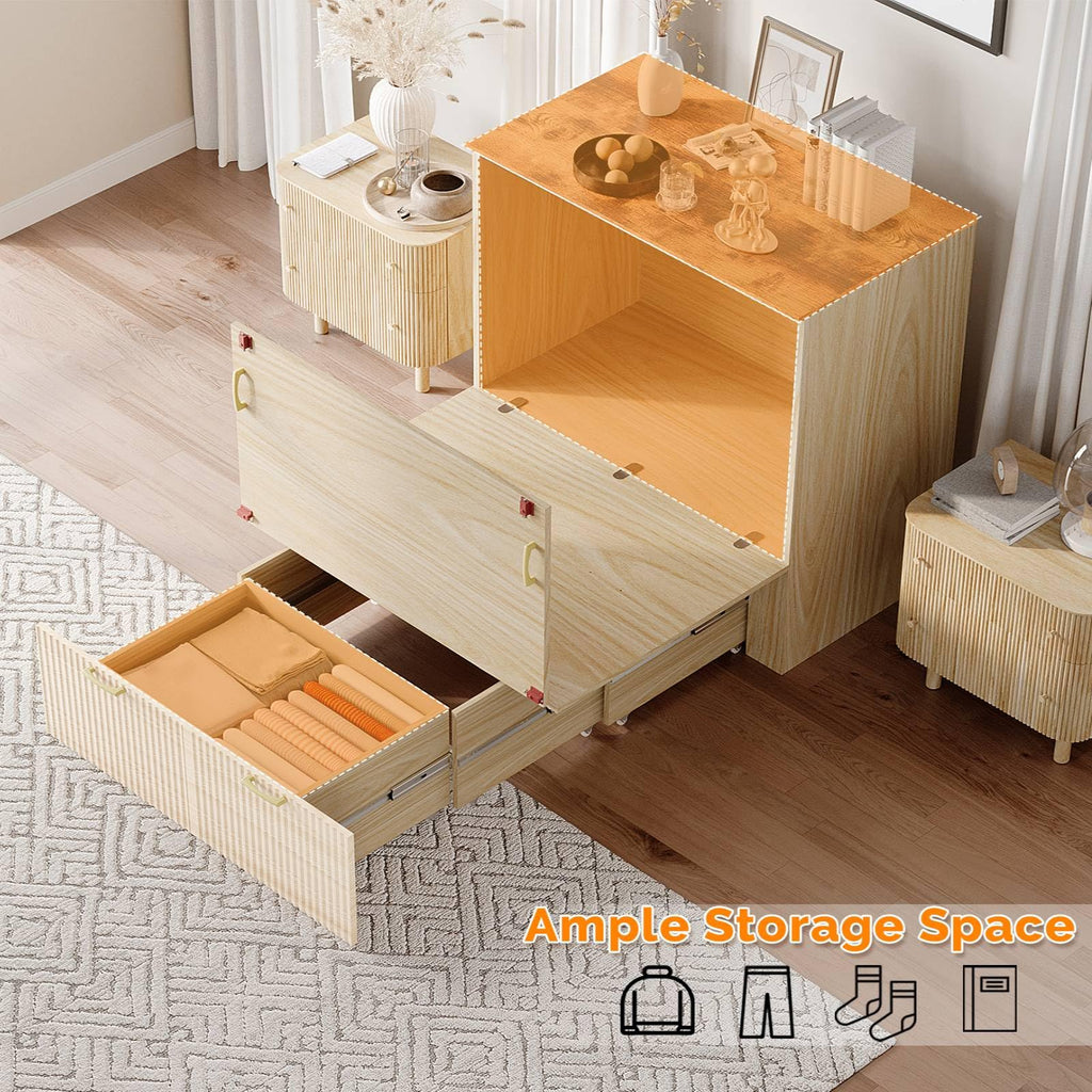 VINGLI Twin Murphy Bed with Storage Drawer,Fluted Wooden Foldable Bed Cabinet with Charging Station,Boho,Hideaway Paltform Panel Bed for Small Spaces,Guest Room,Office,Apartment,Beige