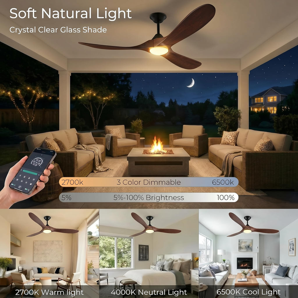 Wall Switch-60 inch Outdoor Ceiling Fan with Light Remote for Patios, Wet Rated Wood 3-Blade Propeller Ceiling Fans, Smart APP, High CFM 6-Speed DC Motor for Exterior Indoor, 3 LED Glass Lamp, Walnut