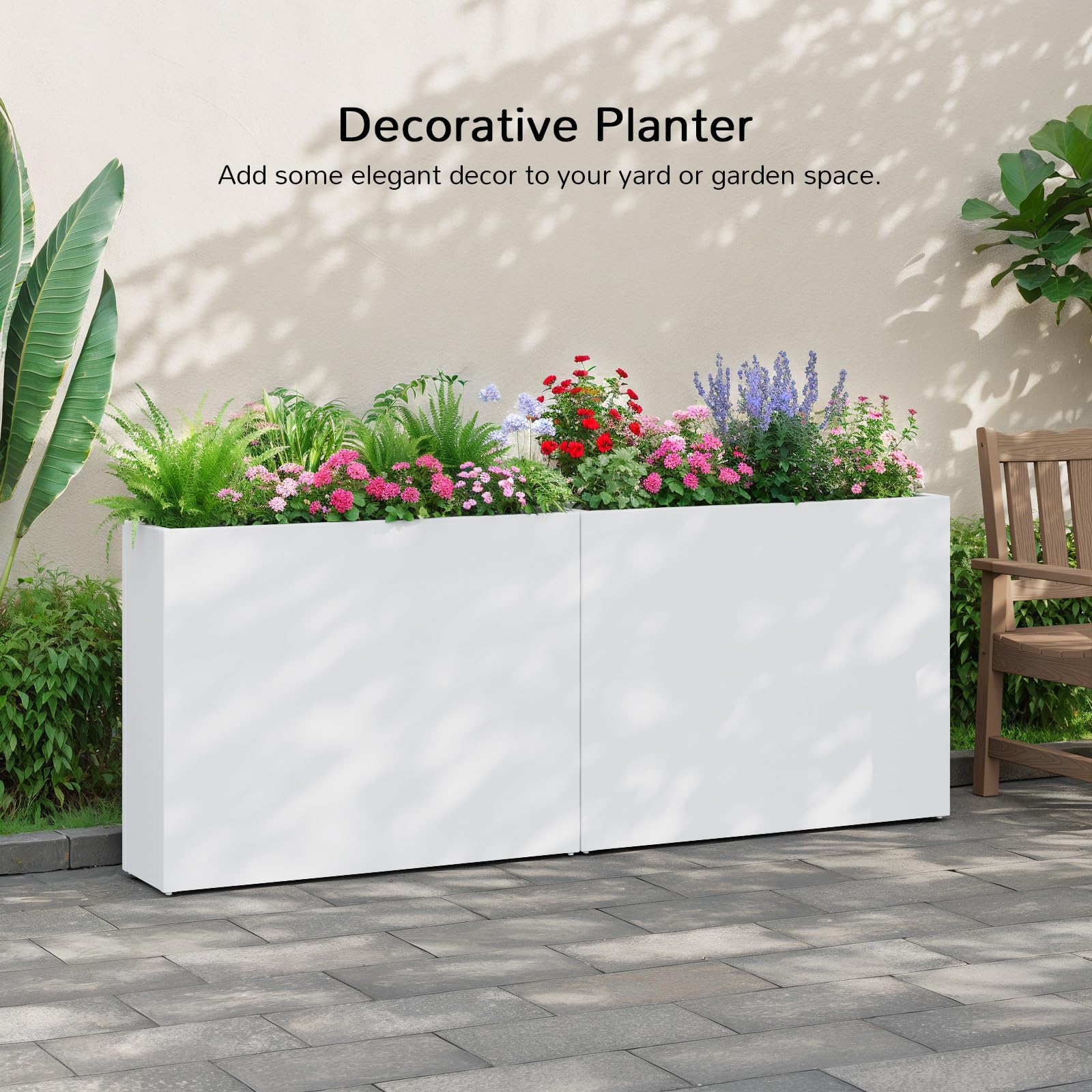 Stoog 38" Large Planters for Outdoor Plants Set of 2, Rectangular Metal Planter Box with Removable Insert Shelf, Ideal for Plants, Flowers, Vegetables, Garden, White