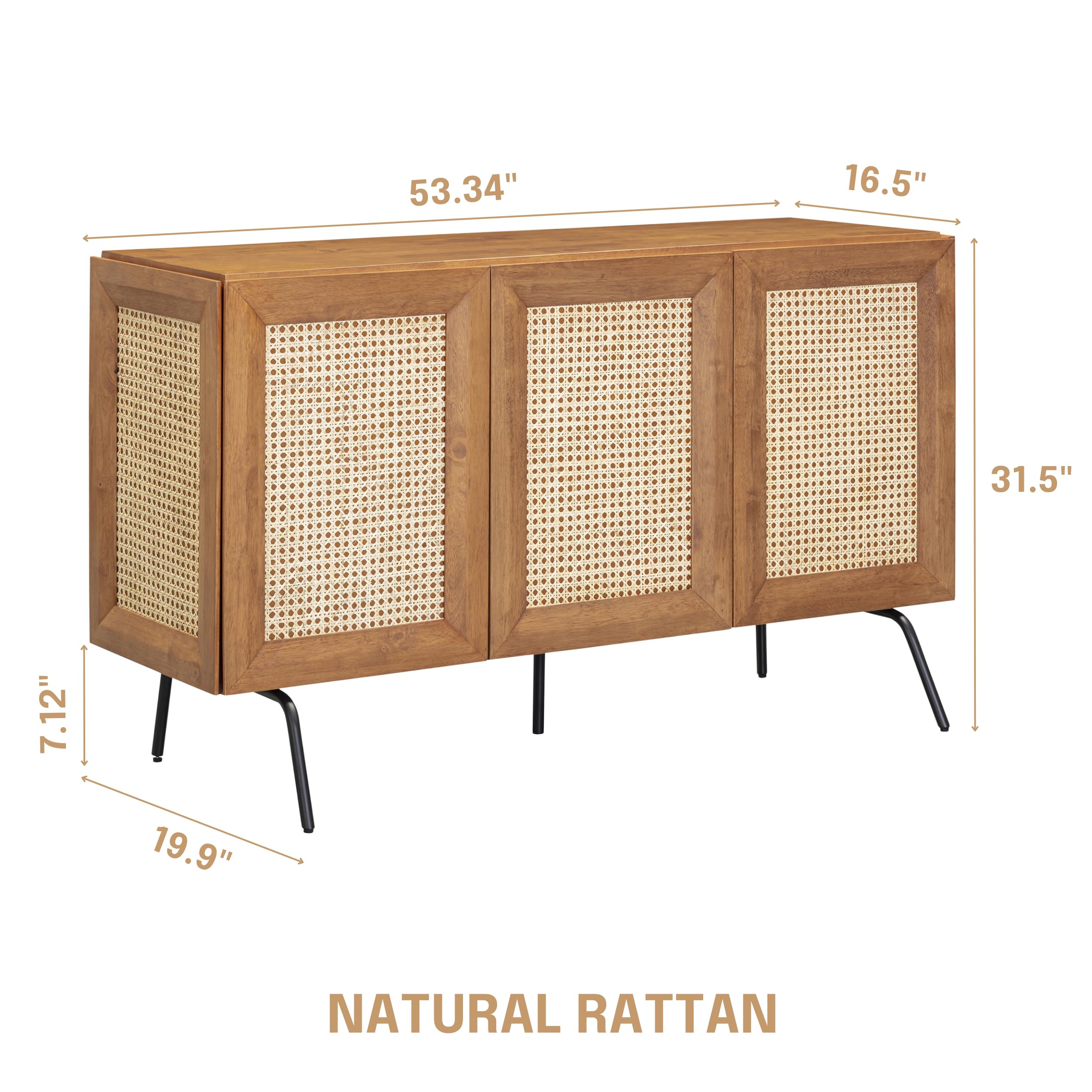 NTC MOSSIC Modern Sideboard with 3 Doors, Natural Rattan Storage Cabinet, Buffet with Metal Legs, Boho Accent Cabinet for Living Room, and Entryway, Effortless Assembly, Teak Look