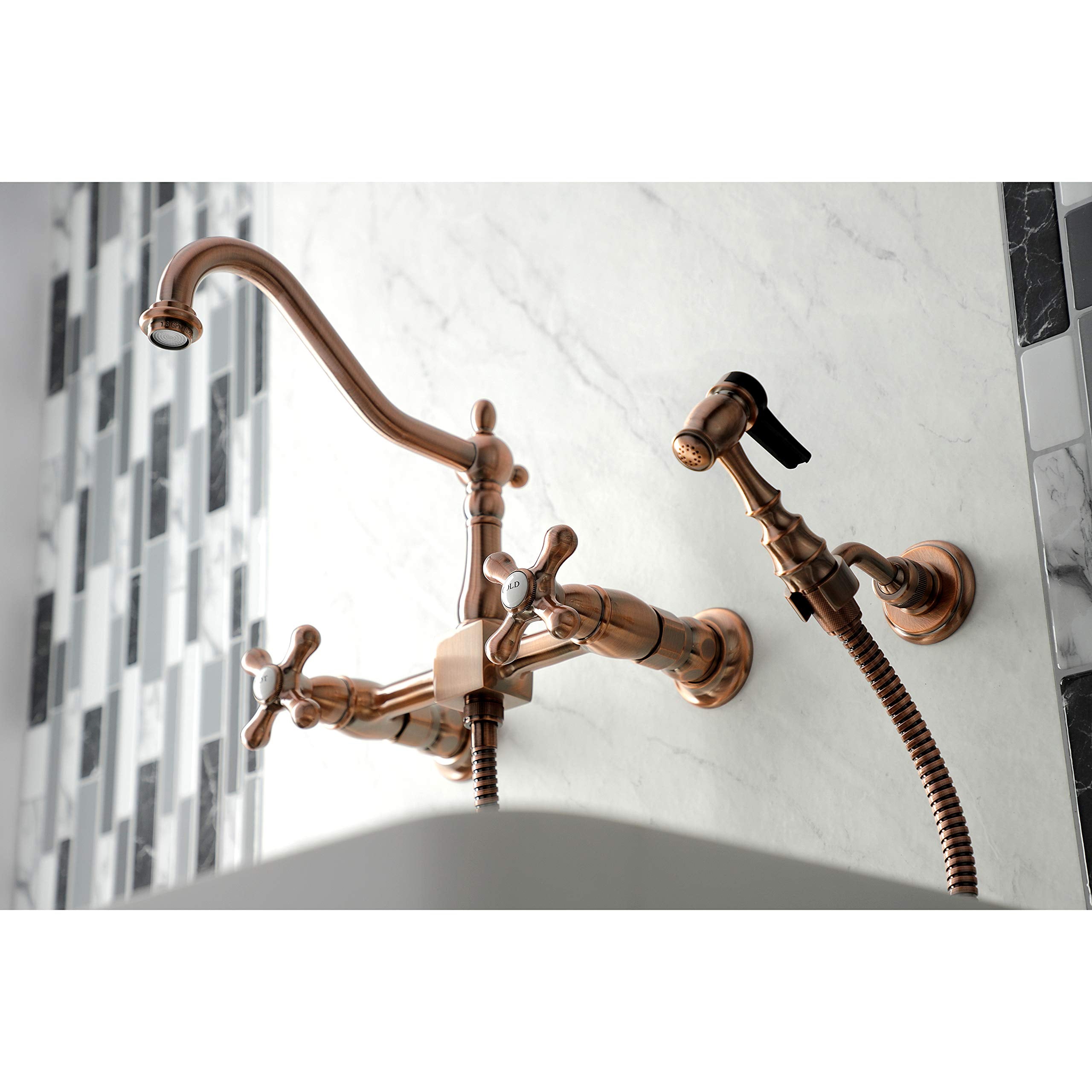 Kingston Brass KS124AXBSAC Heritage Wall Mount Bridge Kitchen Faucet with Brass Spray, Antique Copper