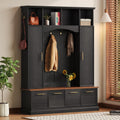Merax 59" Farmhouse Hall Tree with Golden Hooks & Walnut Bench, Entryway Organizer with Adjustable Shelves, Shoe Storage, Anti-Tip for Mudroom, Living Room, Black