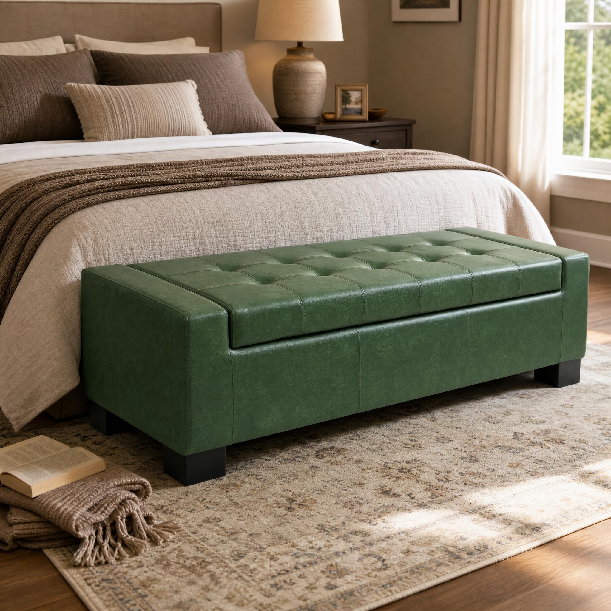 Christopher Knight Home Vance Tufted Storage Ottoman Bench, PU Upholstered Ottoman with Storage, Modern Bedroom End of Bed Bench with Storage, Comfy Living Room Sofa Extra Seat, Green+Black