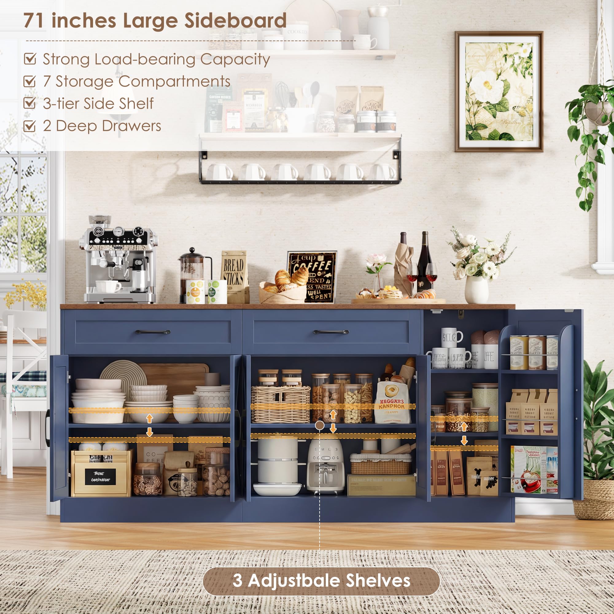BOTLOG 71” Large Sideboard Buffet Cabinet with Storage, Farmhouse Buffet Cabinet with Adjustable Shelves and 3 Door Shelves, Wood Coffee Bar Console Table for Kitchen, Dining Room (Blue)