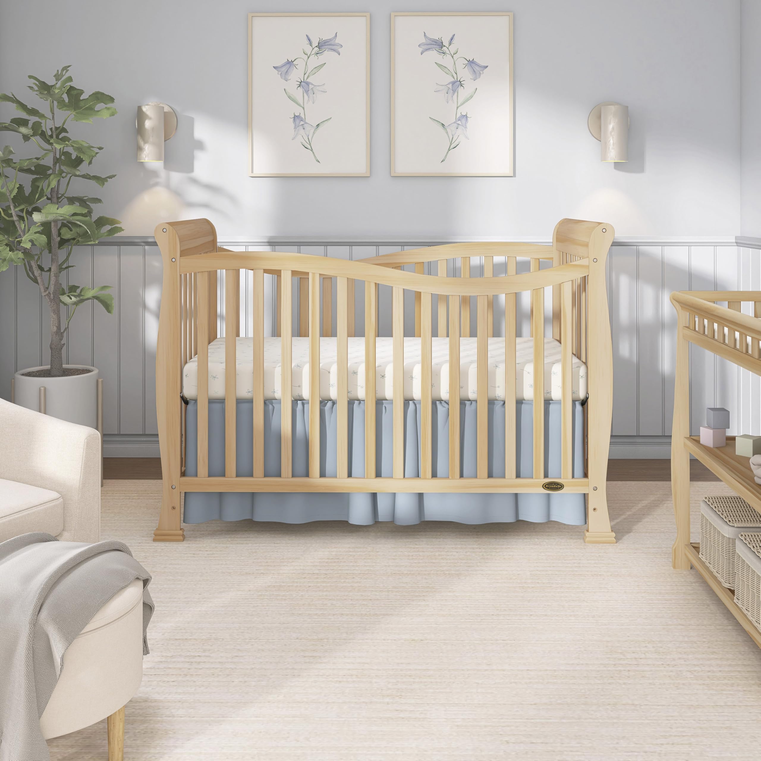 Dream On Me Violet 7-in-1 Convertible Full-Size Baby Crib with Toddler, Day & Full Bed Conversion in Natural, GreenGuard Gold & BSA, 4 Mattress Heights, Sustainable Pinewood