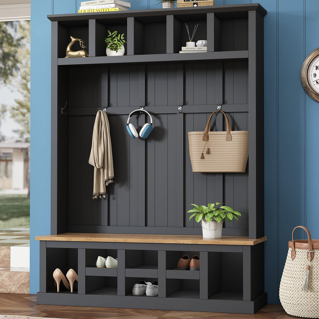 Merax Wood Farmhouse Hall Tree with Storage Entryway Bench, 3-in-1 Coat Racks with 6 Hooks &Shelves for Entrance, Hallway, Mudroom,Black