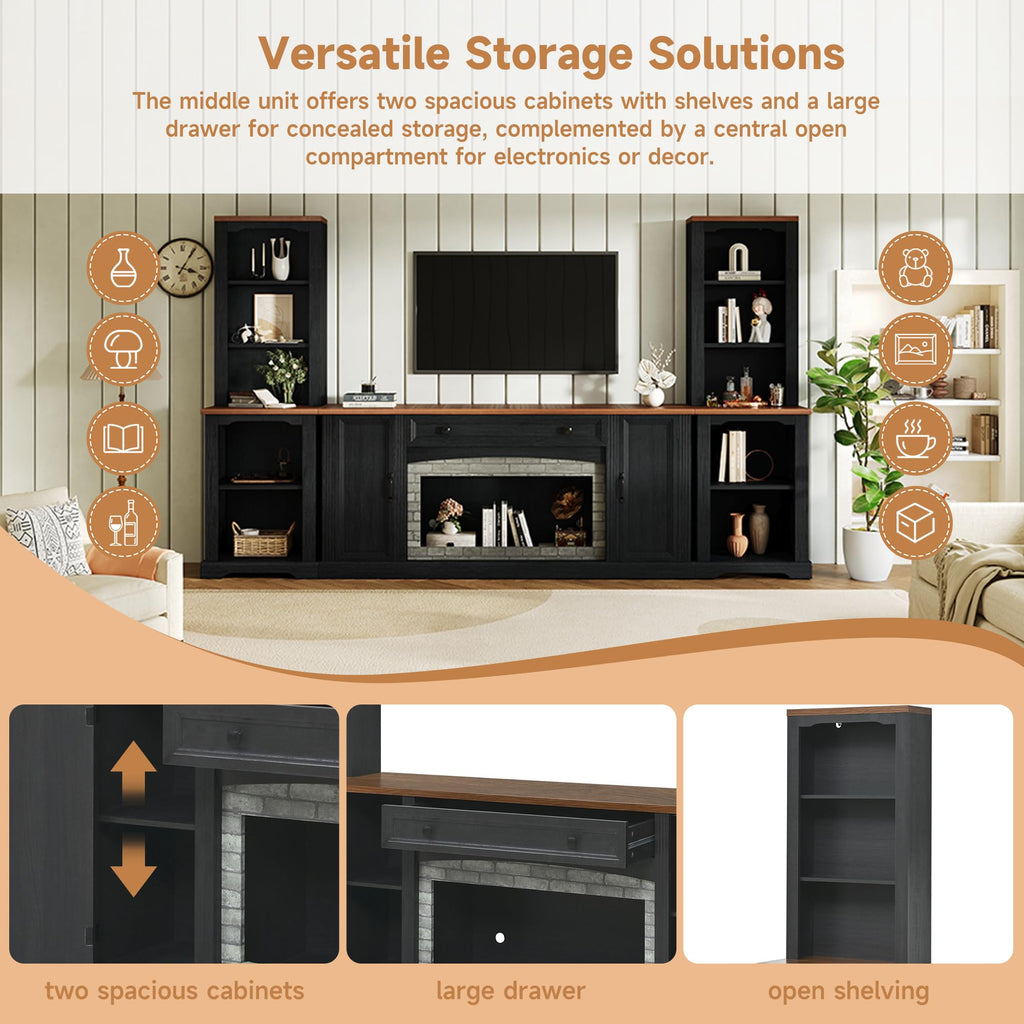 Merax 3-Piece TV Stand Set for TVs up to 70", Farmhouse Entertainment Center with Curved Side Cabinets & Bookshelves, Modular Storage Unit with Drawer and Adjustable Shelves for Living Room, Black
