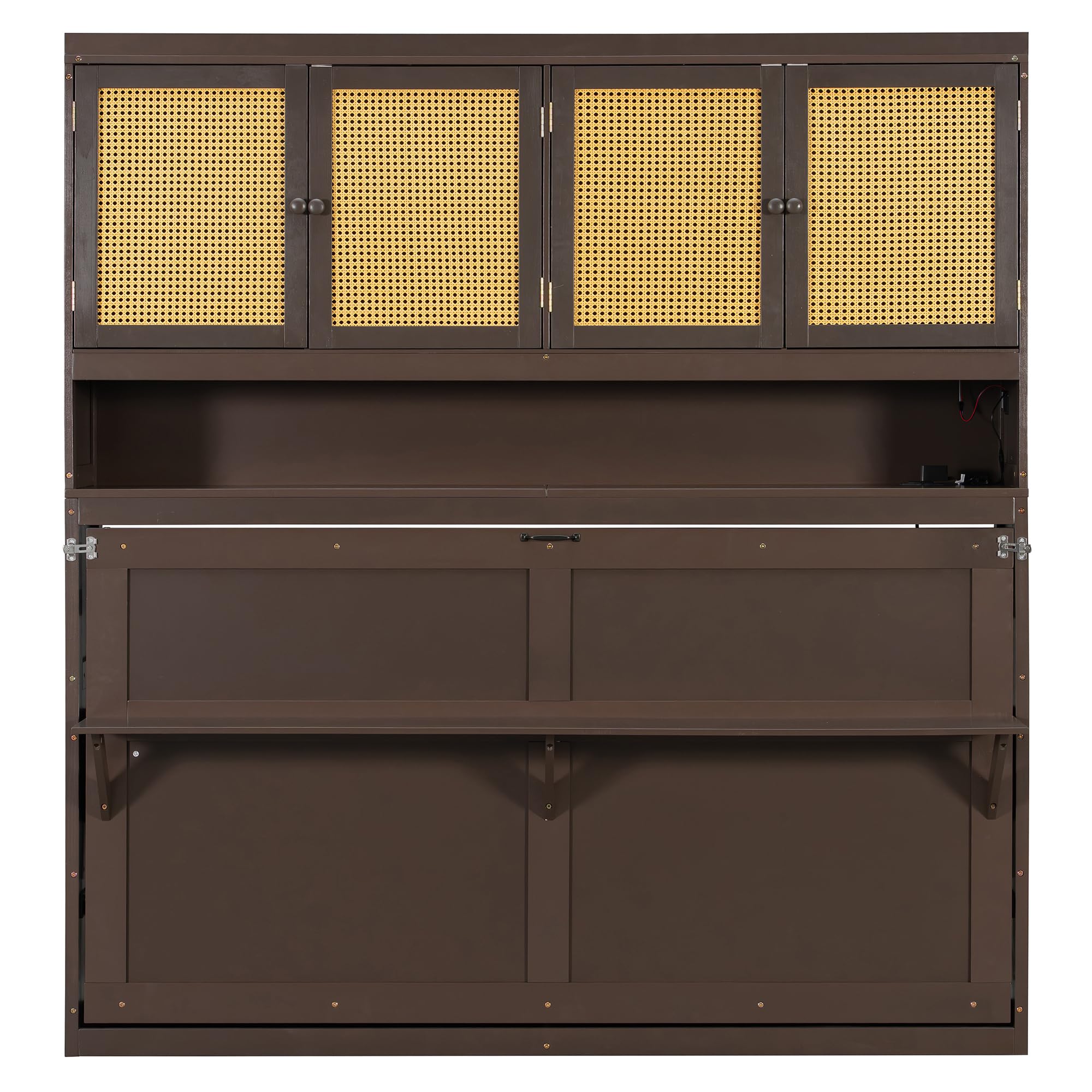 DNYN Murphy Bed Frame with Top Cabinet and LED for Bedroom/Guest/Study Room, Twin Size Wooden Foldable Wall Bed with USB Ports, Space-Saving Design & No Box Spring Needed