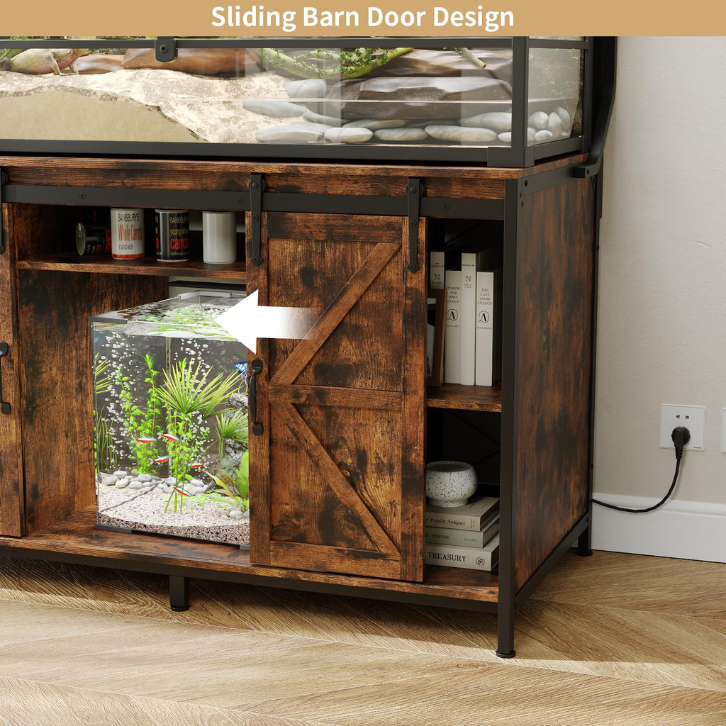 VOWNER Farmhouse Reptile Tank Stand with Power Outlet, 48" X 24" Tabletop Fits up 120 Gallon Bearded Dragon Tank, Heavy Duty Aquarium Stand with Storage Cabinet, Reptile Turtle Terrarium Stand Brown