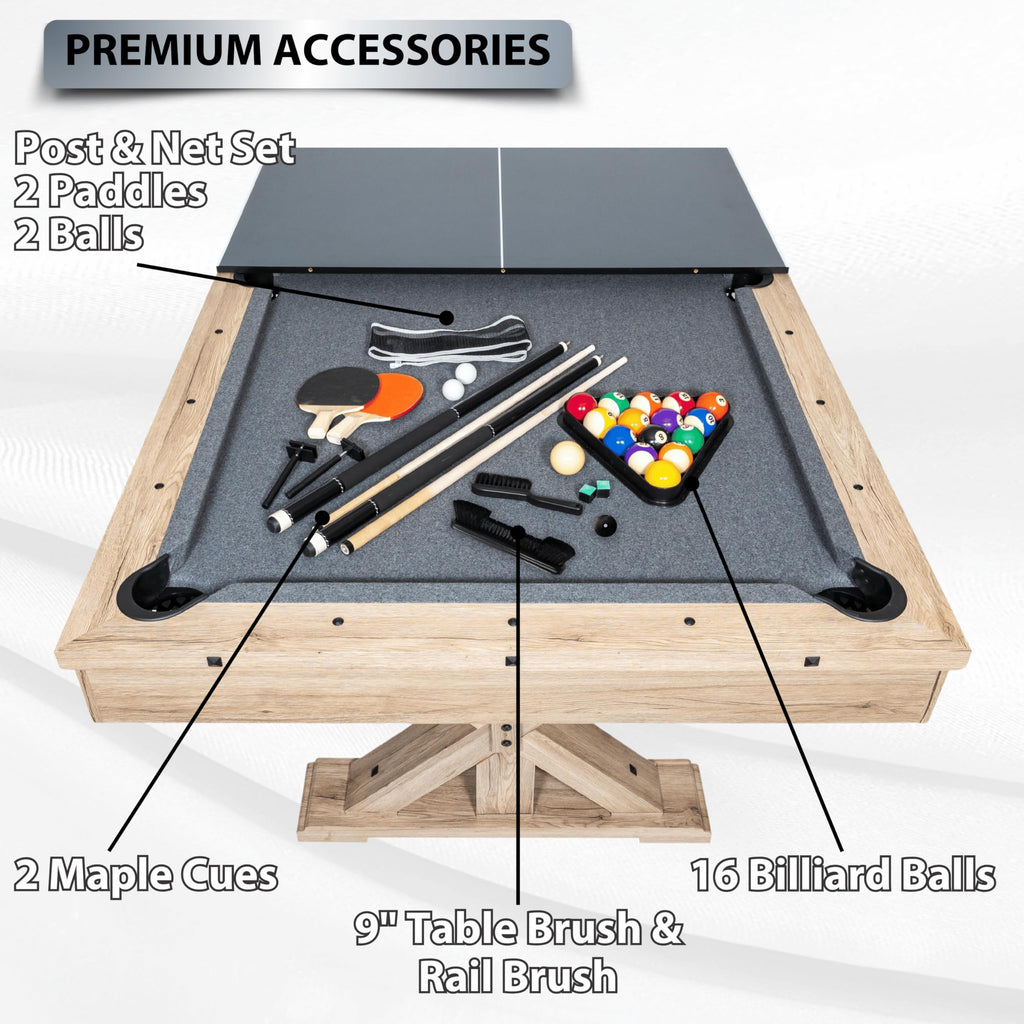 7' 3 in 1 Multi Game Pool Table with Dining Top Pool Ping Pong Table Combo with Dual Storage Bench Seating. Includes Billiards, Ping Pong Accessories. (Rustic Oak with Grey Felt)