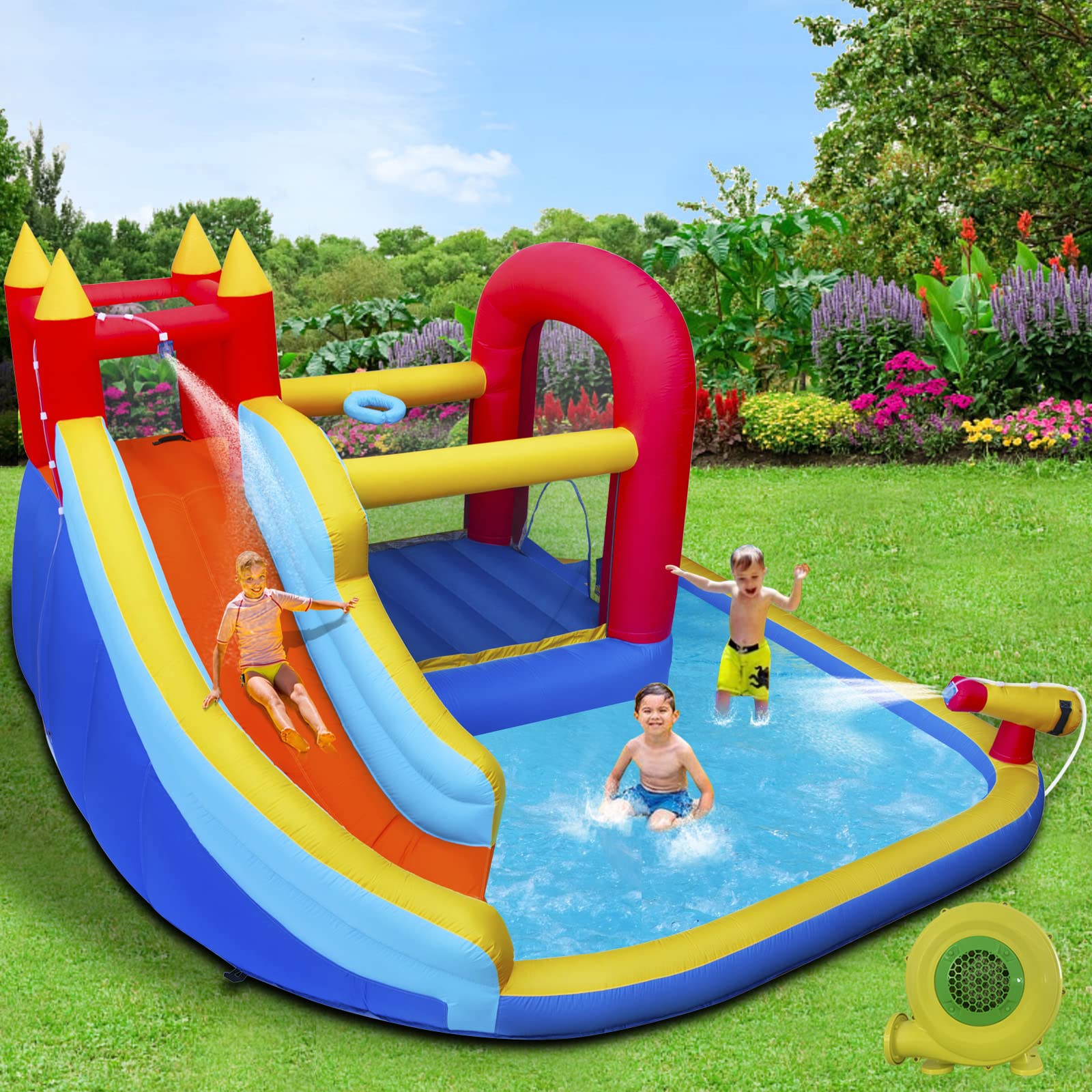 JOYLDIAS Inflatable Water Slide Bounce House,Slide Bouncer Castle Playhouse w/Splash Pool,Jump Area, Climbing Wall,Basketball Hoop,450W Air Blower for Kids Backyard Indoor Outdoor Use,Free Water Gun