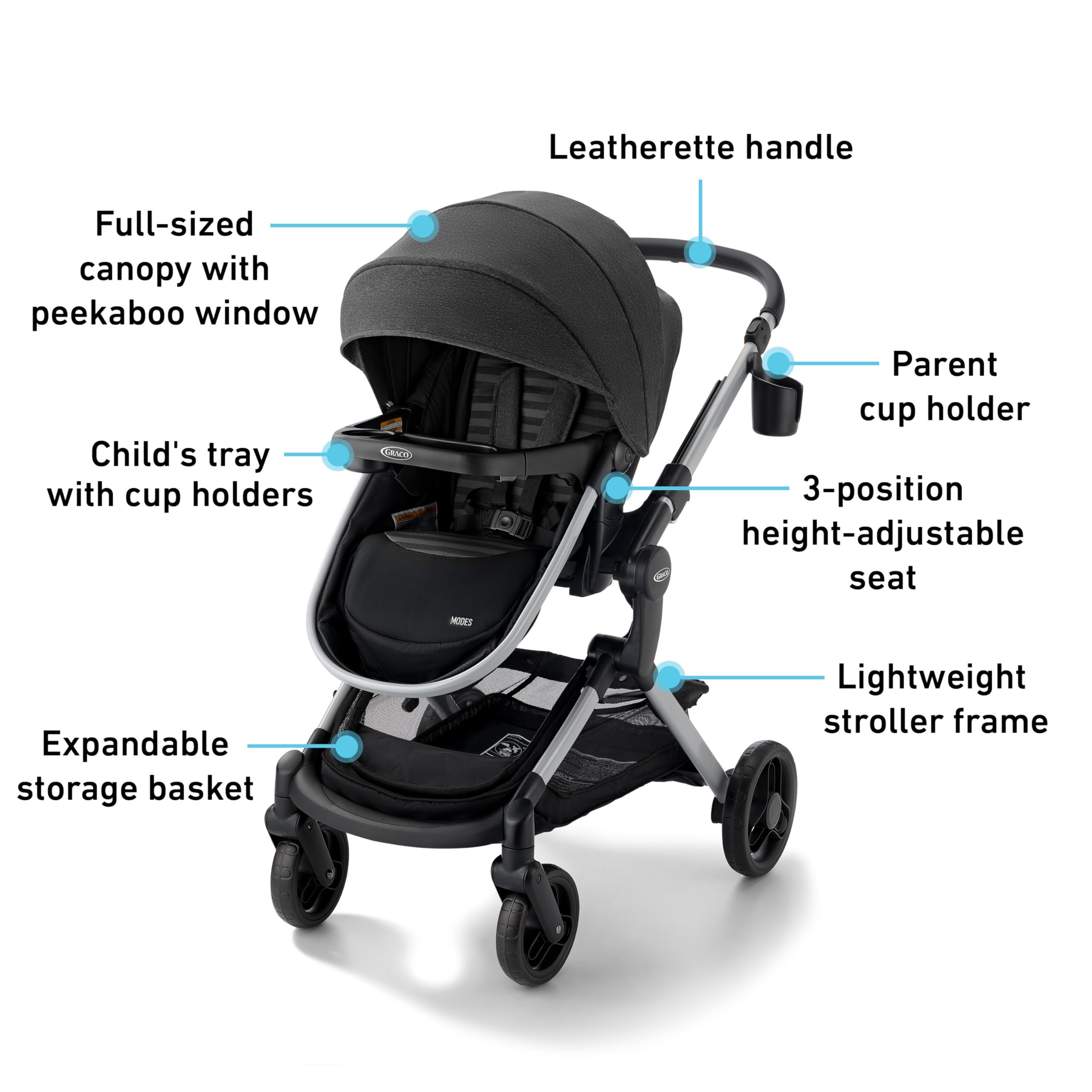 Graco® Modes Nest DLX Travel System, 3-in1 Modular Baby Carseat Stroller Combo, Adjustable Slide2Me Infant Car Seat Carrier, Pramette, to Toddler Stroller, Includes SnugRide DLX Infant Car Seat, Raven
