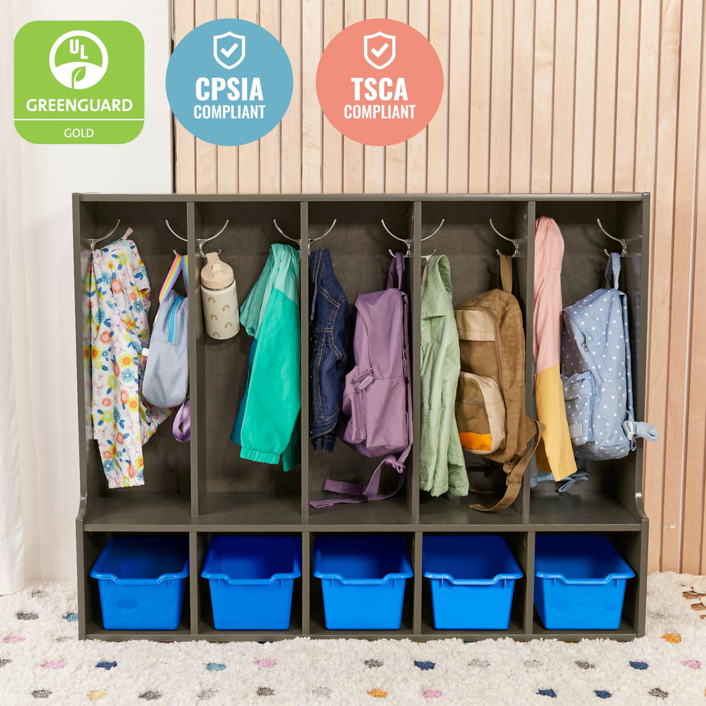 ECR4Kids Streamline 5-Section Coat Locker with Bench and Scoop Front Storage Bins, Toddler Size, Grey Wash, Classroom Furniture, Blue