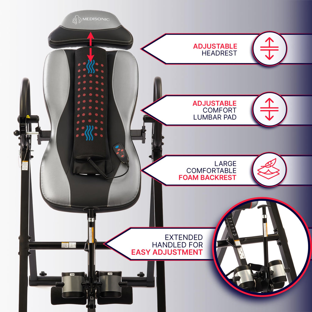 MediSonic Elite Inversion Table with Adjustable & Removable Lumbar Pad, Comfortable Ankle Security Cups, Multiple Inversion Angles, Heavy-Duty Frame, 300 lb Capacity, Gray