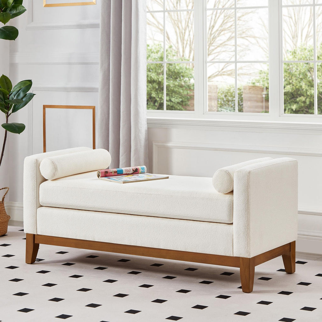 GDFStudio Large Upholstered Boucle Ottoman Bench with Pillows, Padded Window Bench with Armrests for Living Room and Entryway, Ivory