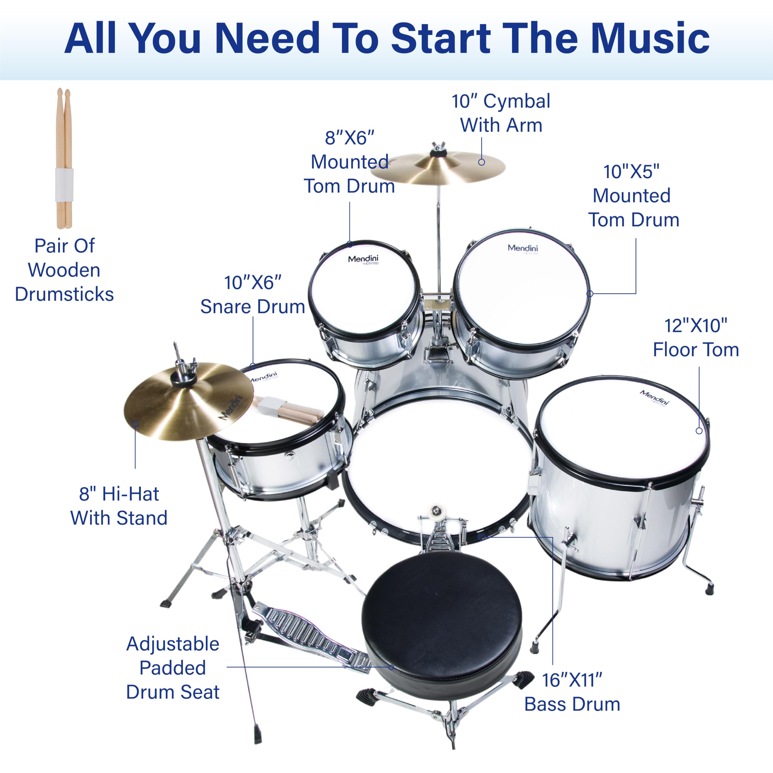 Mendini by Cecilio Drum Set, 5 Piece 16 Inch Junior Drums Kit with Bass, Toms, Snare Drum, Cymbal, Hi-Hat, Drumsticks & Seat for Beginner (Metallic Silver)