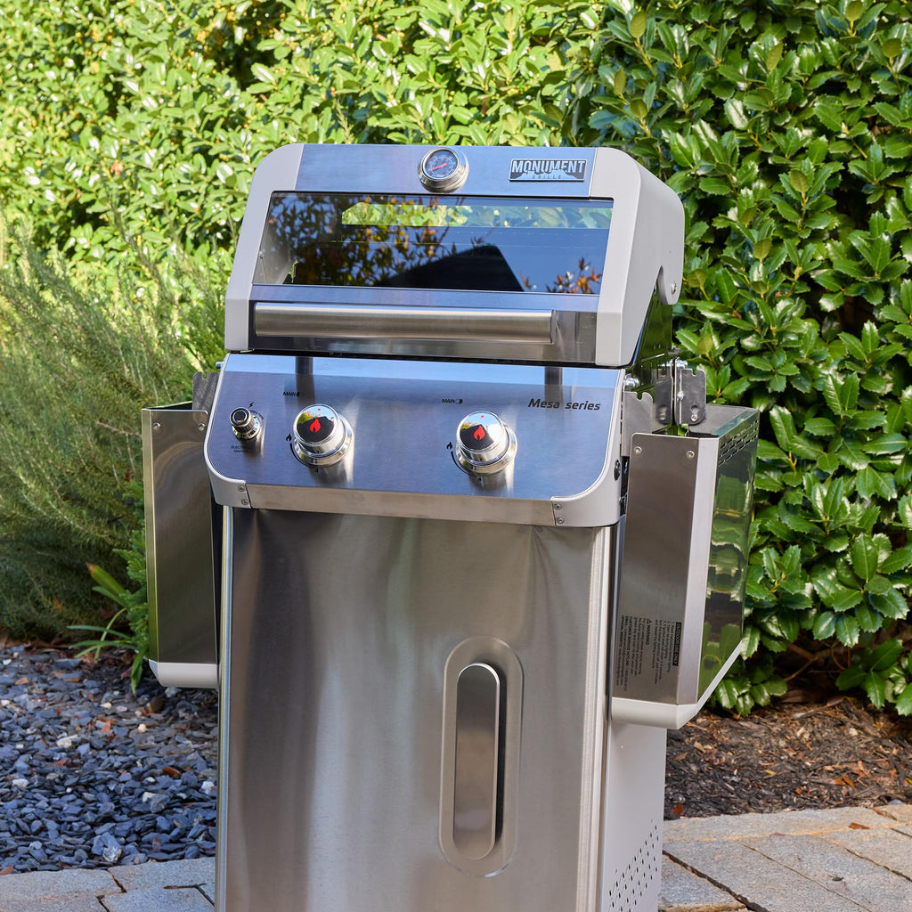 Monument Grills 2-Burner Stainless Steel Liquid Propane Gas Grill, Two Foldable Shelves Patio Garden Barbecue Grill with Clearview® Lid, Knob Control Mesa200S