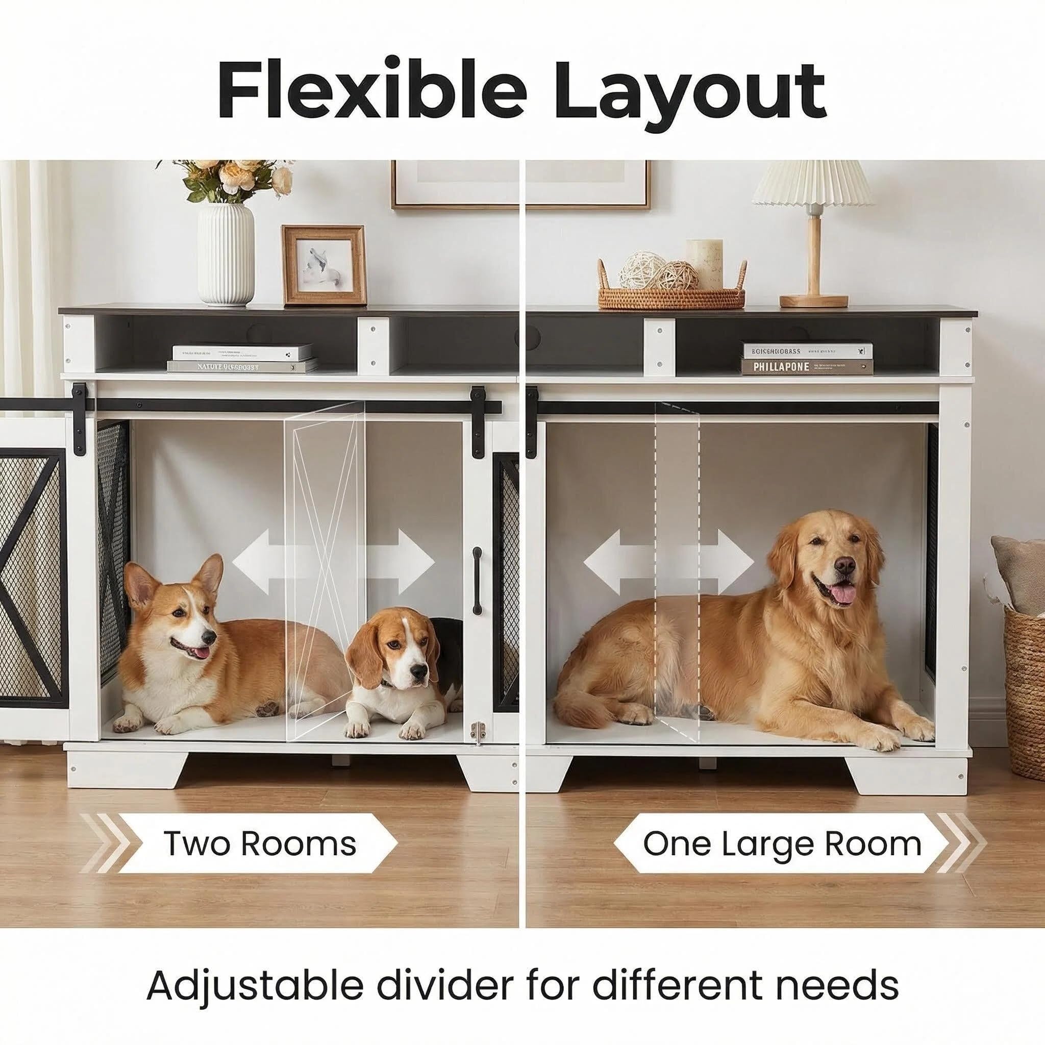 Garvee 71" Double Dog Crate Furniture with Divider, Heavy Duty Wood & Metal Dog Cage for Large Dogs, Dual Compartment Dog Kennel with Double Doors, Indoor Dog Crate TV Stand
